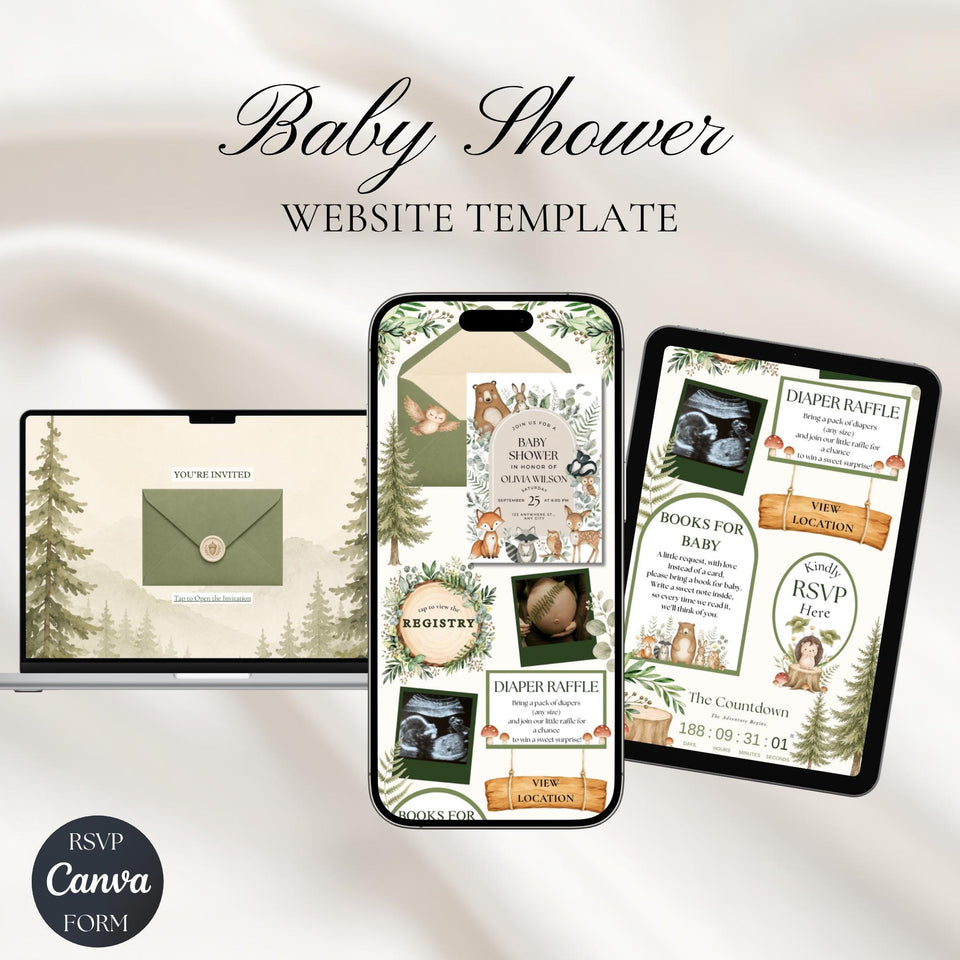 Woodland Baby Shower Invitation Website Template, Editable Baby Shower Evite, RSVP Website Invitation, Digital Invite
