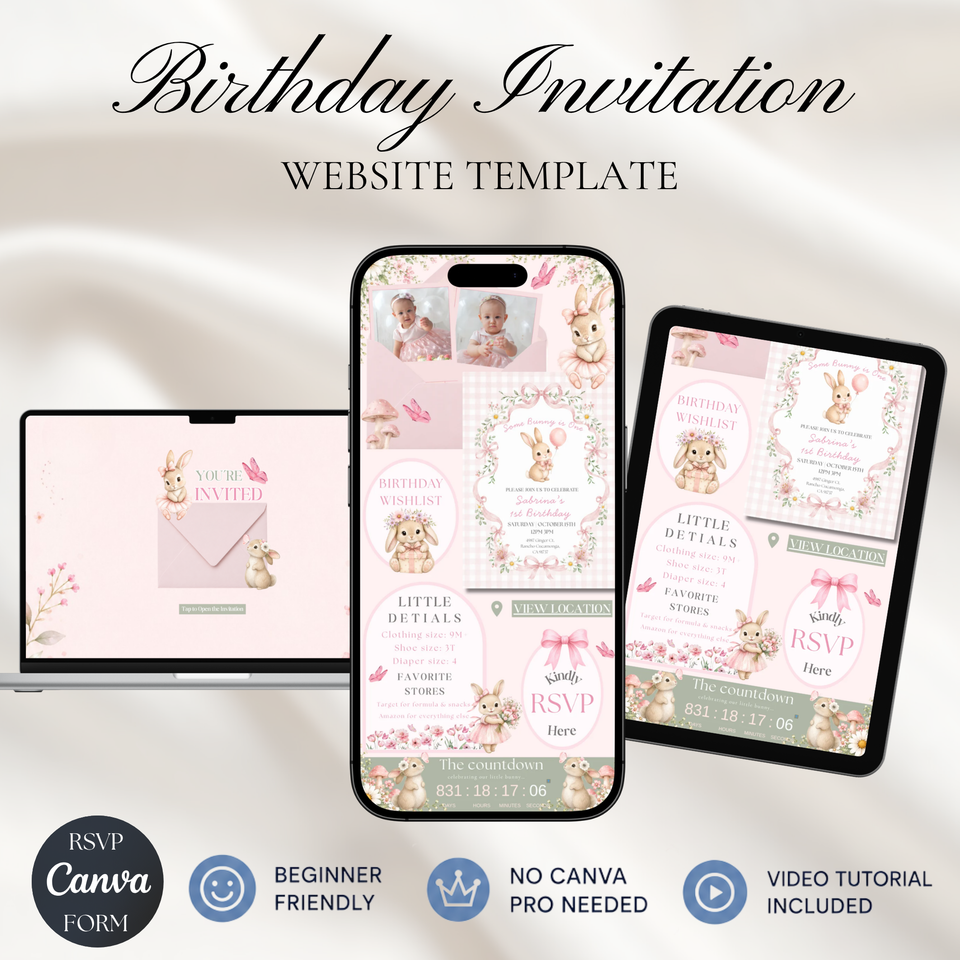 Some Bunny Is One First Birthday Website Invitation with RSVP | Pink Bow Bunny Editable Canva Template