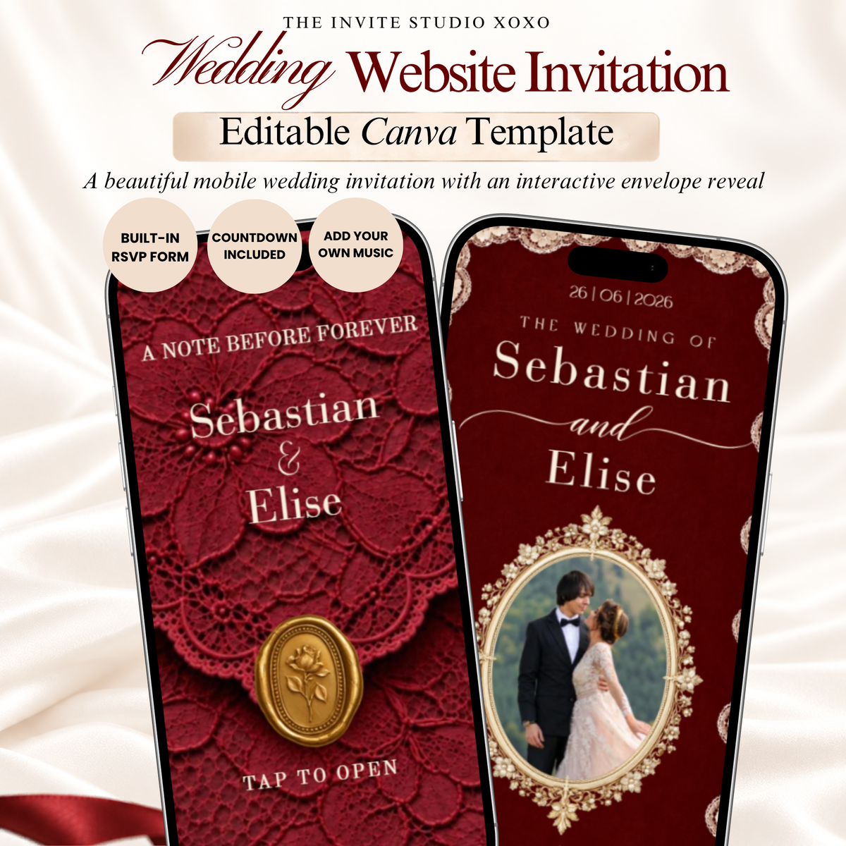Wedding Website Template with RSVP (Burgundy - Lace Envelope 01)