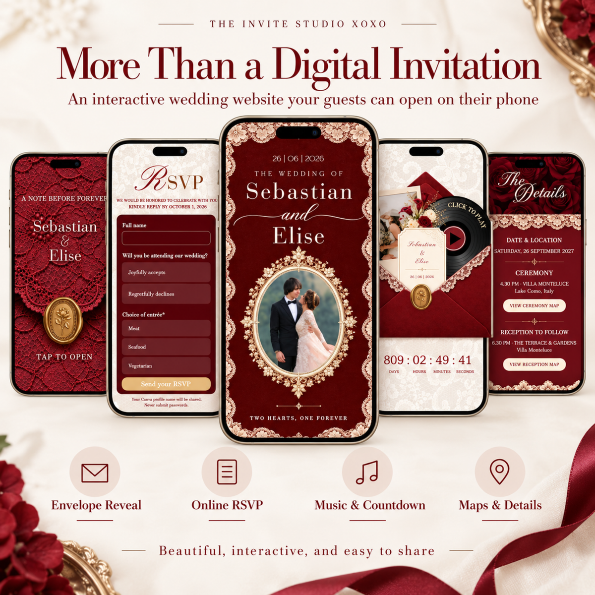 Wedding Website Template with RSVP (Burgundy - Lace Envelope 01)