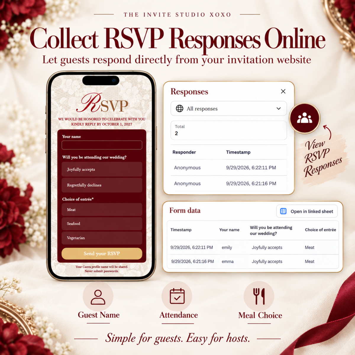 Wedding Website Template with RSVP (Burgundy - Lace Envelope 01)