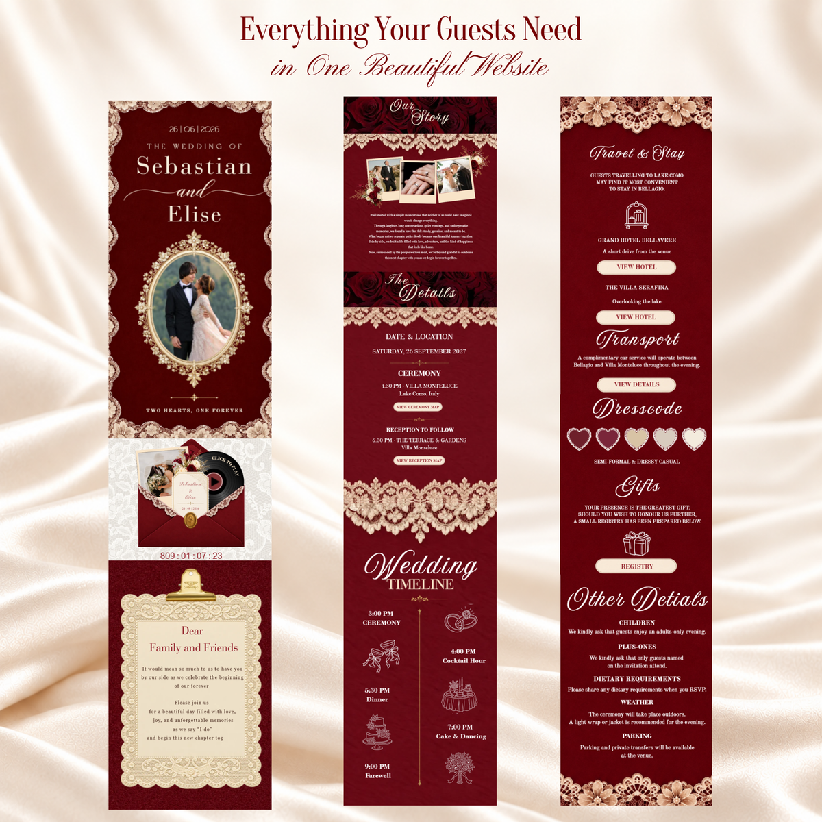 Wedding Website Template with RSVP (Burgundy - Lace Envelope 01)
