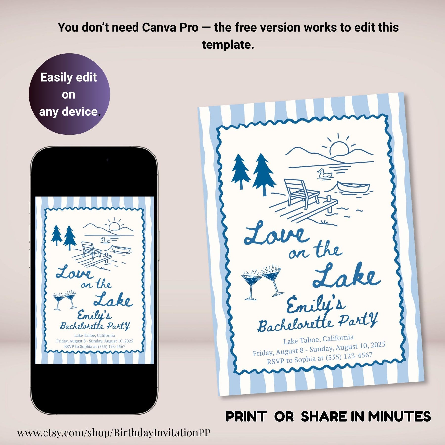 Love on the Lake Bachelorette Invitation, Editable Girls Trip Itinerary, Weekend Party Template Digital Download