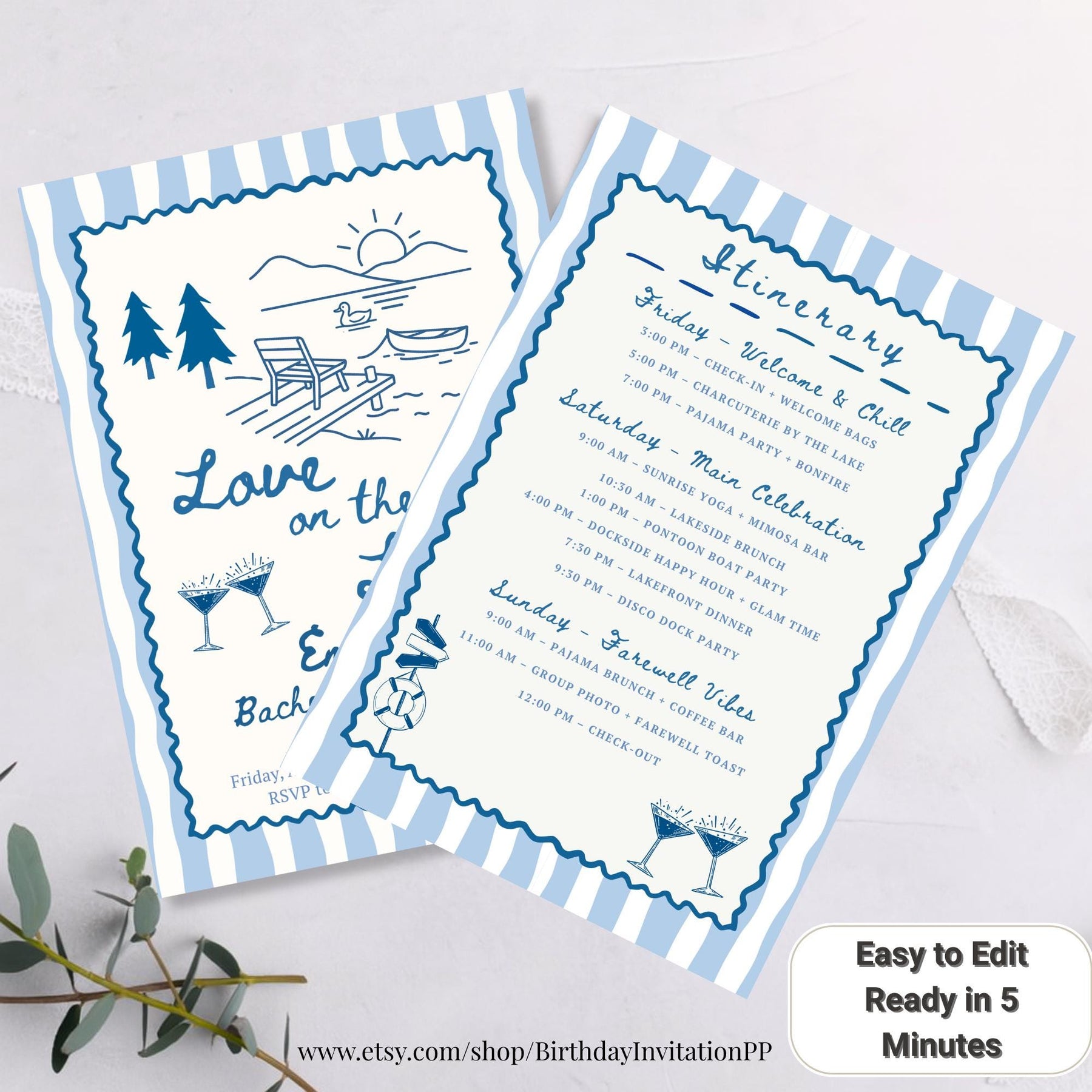 Love on the Lake Bachelorette Invitation, Editable Girls Trip Itinerary, Weekend Party Template Digital Download