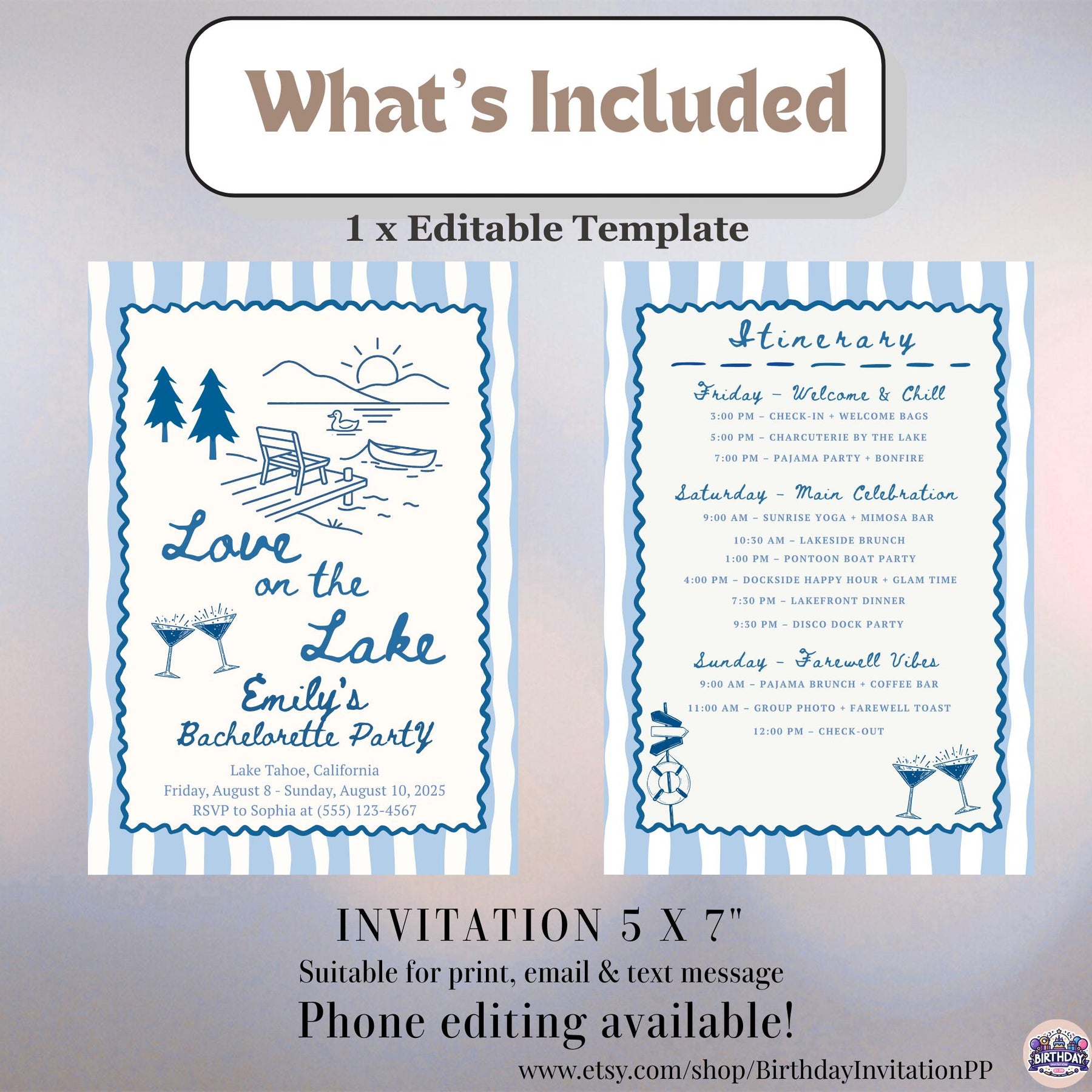 Love on the Lake Bachelorette Invitation, Editable Girls Trip Itinerary, Weekend Party Template Digital Download