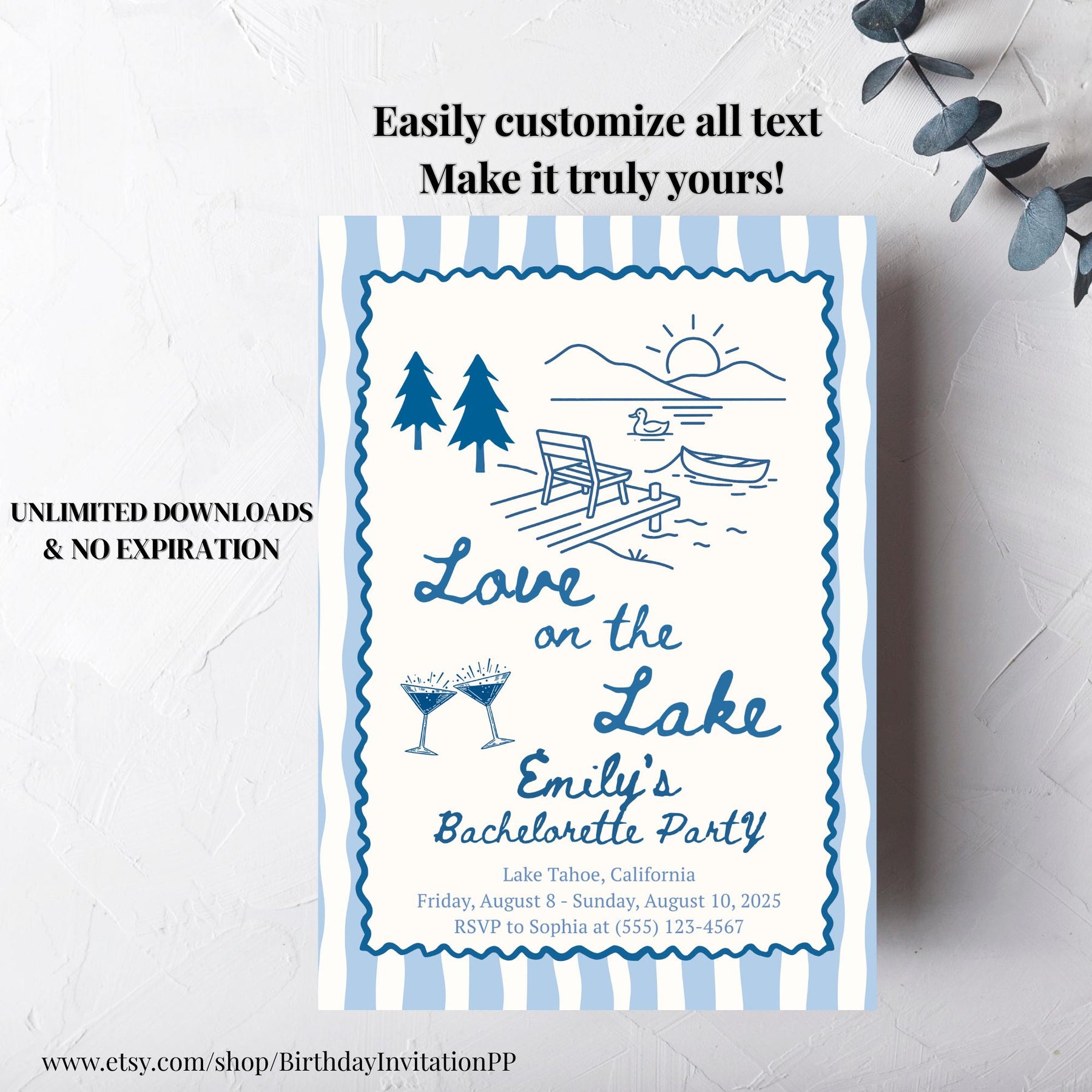 Love on the Lake Bachelorette Invitation, Editable Girls Trip Itinerary, Weekend Party Template Digital Download