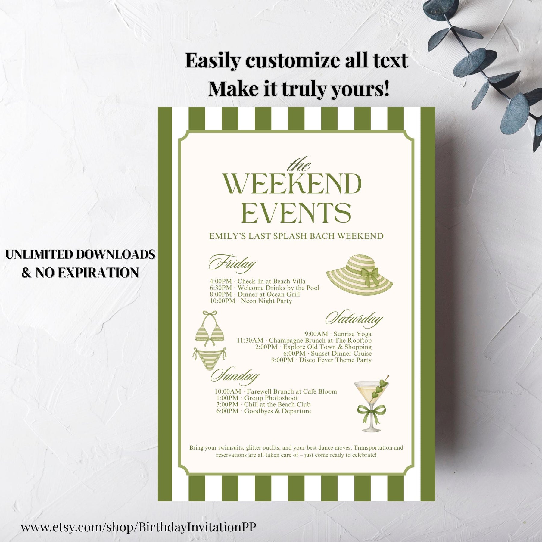 Bikinis and Martinis Bachelorette Itinerary Invitation, Editable Weekend Itinerary, Beach or Pool Party Template, Summer Digital Download