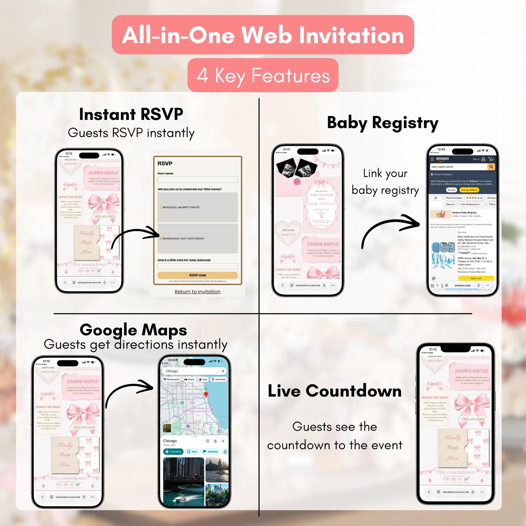 Pink Bow Baby Shower Invitation Website with RSVP | Editable Canva Template, Baby Girl Invite, RSVP Included