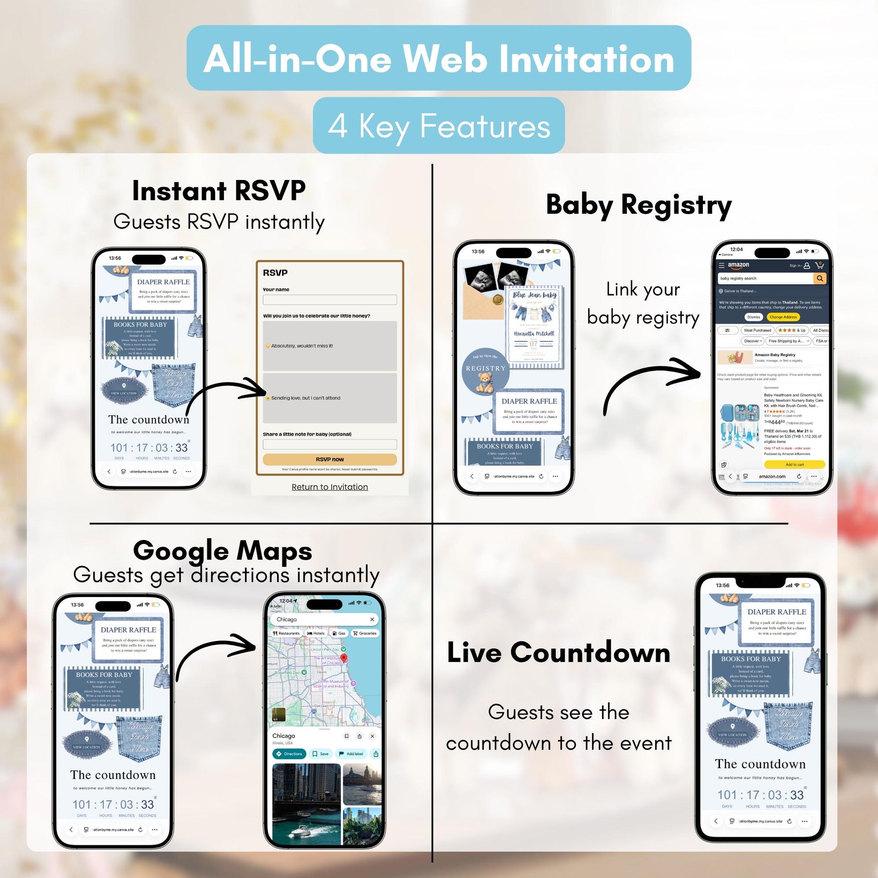 Blue Jean Baby Shower Invitation Website Template with RSVP | Editable Canva Invite, Denim Baby Shower, Digital Invite, Mobile Friendly