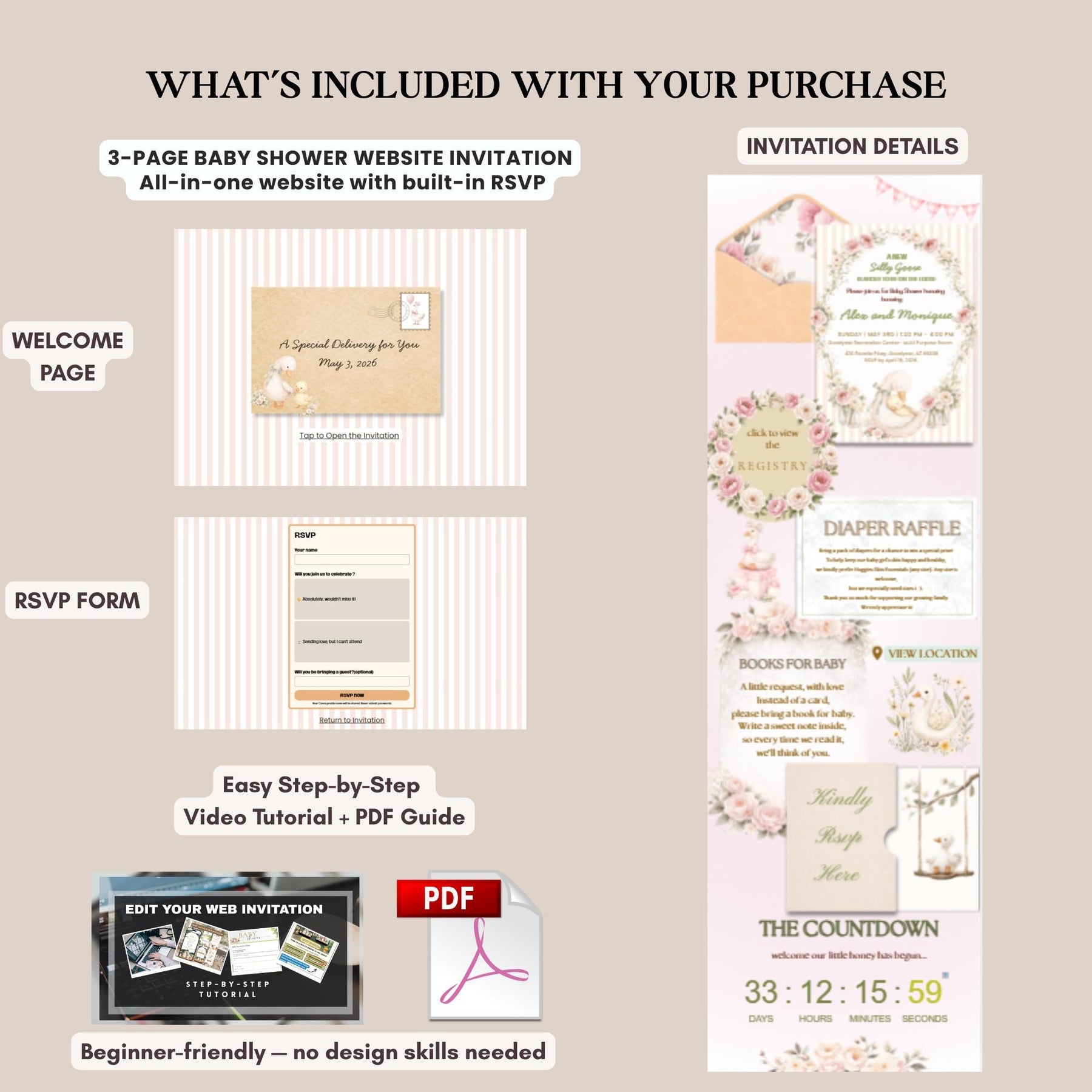 Silly Goose Baby Shower Invitation Website with RSVP | Editable Canva Template | Gender Neutral Baby Shower Invite