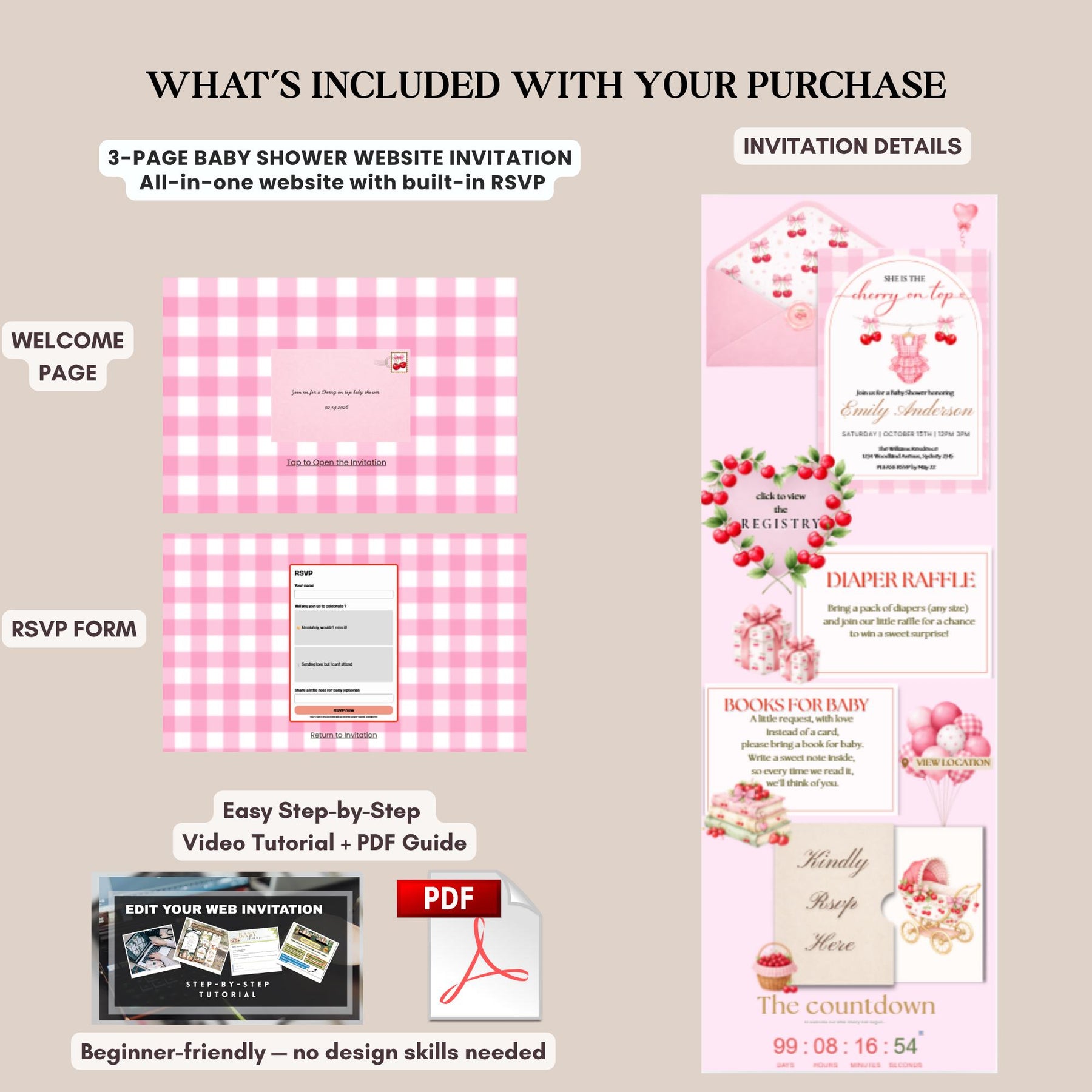 Cherry On Top Baby Shower Invitation Website with RSVP | Editable Canva Template, Baby Girl Invite, RSVP Included