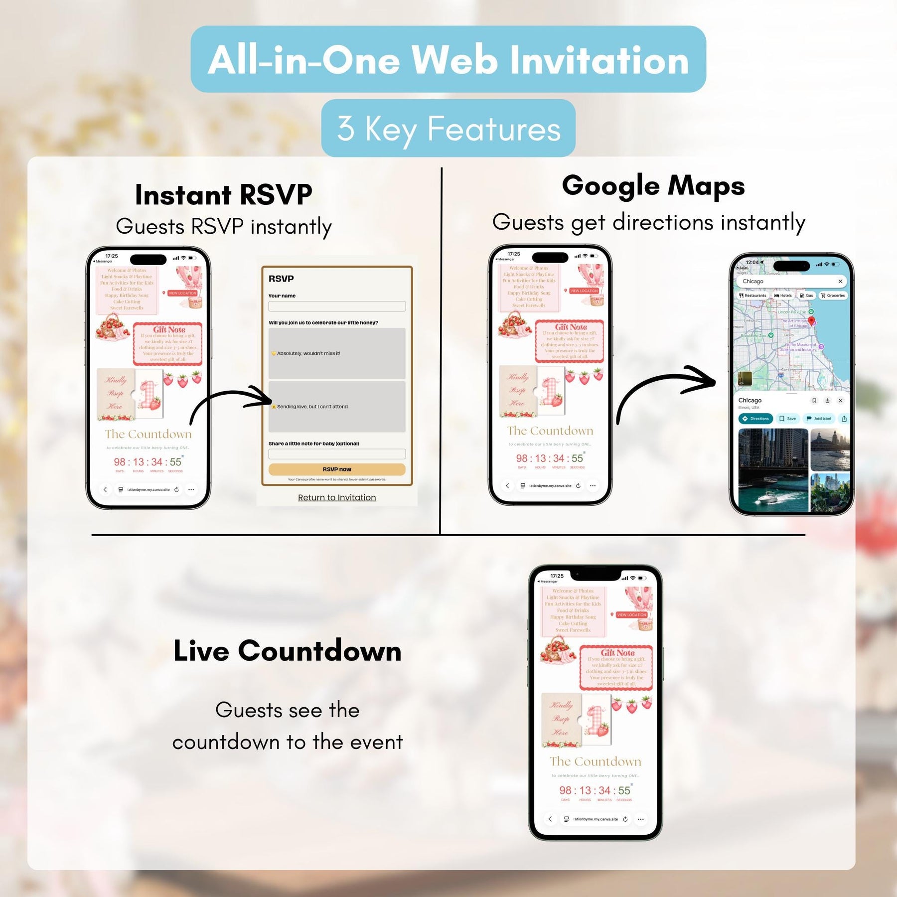 Berry First Birthday Invitation Website Template with RSVP | Editable Canva Invite, 1st Birthday Party, Digital Invitation