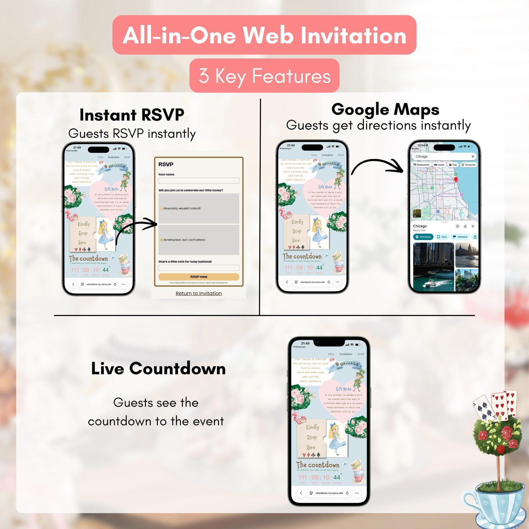 Alice in Wonderland Birthday Invitation Template, Editable Website Template