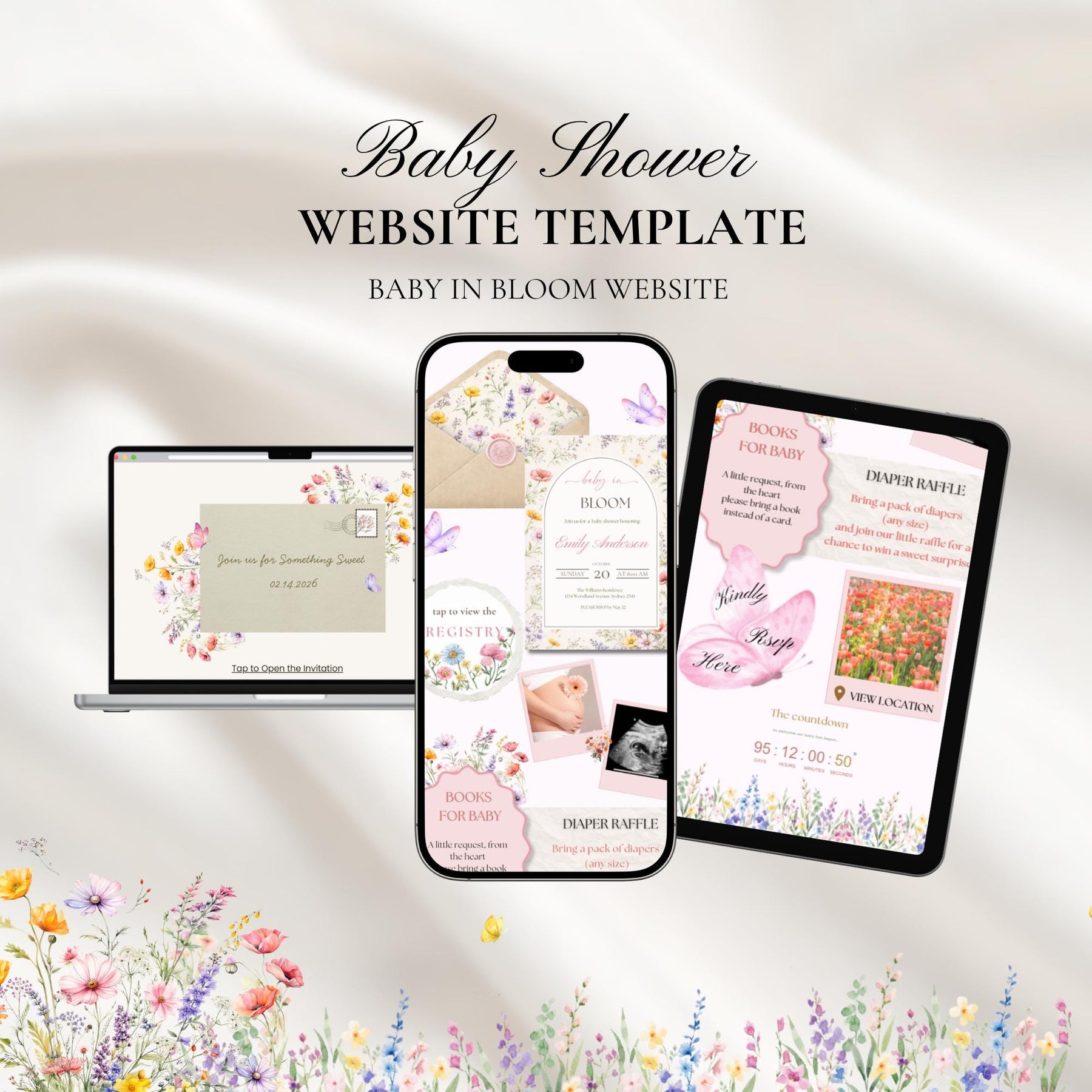 Baby In Bloom Baby Shower Website Invitation with RSVP | Editable Canva Template, Spring Floral Wildflower, Butterfly Girl Invite