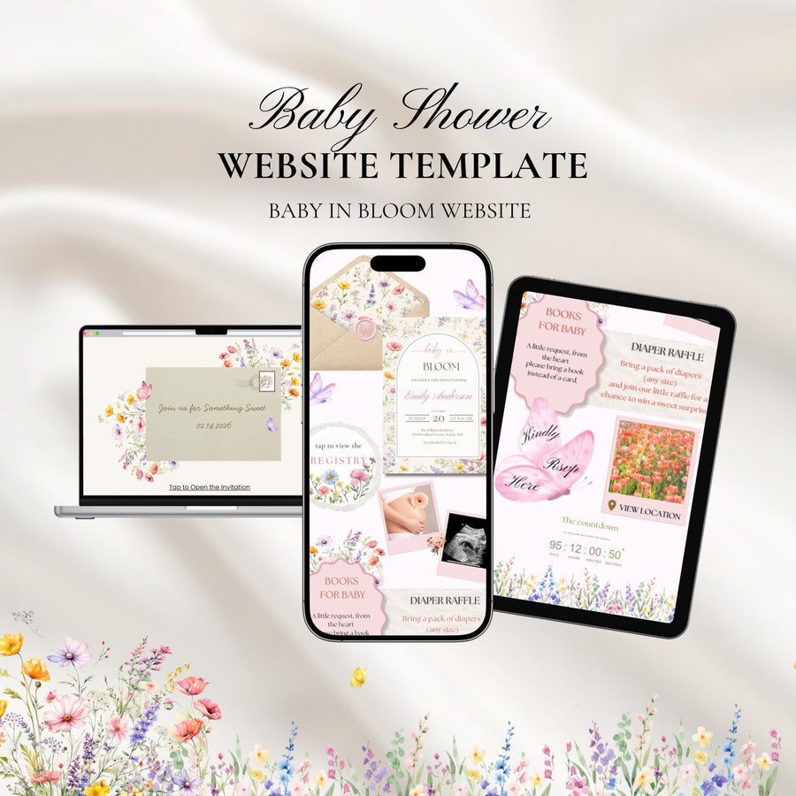 Baby In Bloom Baby Shower Website Invitation with RSVP | Editable Canva Template, Spring Floral Wildflower, Butterfly Girl Invite