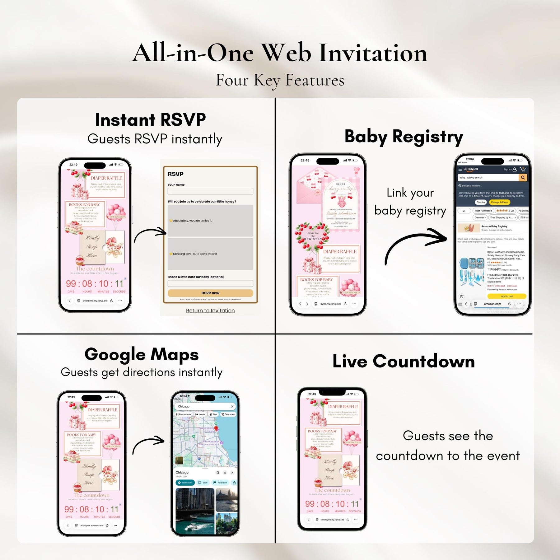 Cherry On Top Baby Shower Invitation Website with RSVP | Editable Canva Template, Baby Girl Invite, RSVP Included
