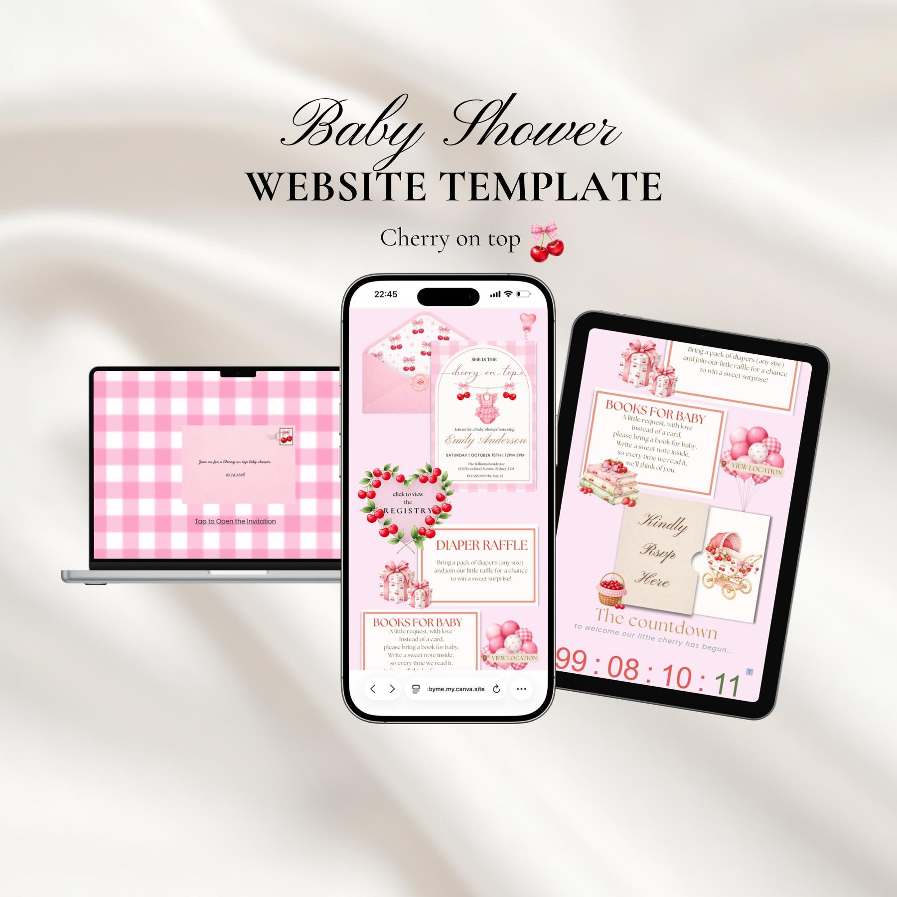 Cherry On Top Baby Shower Invitation Website with RSVP | Editable Canva Template, Baby Girl Invite, RSVP Included