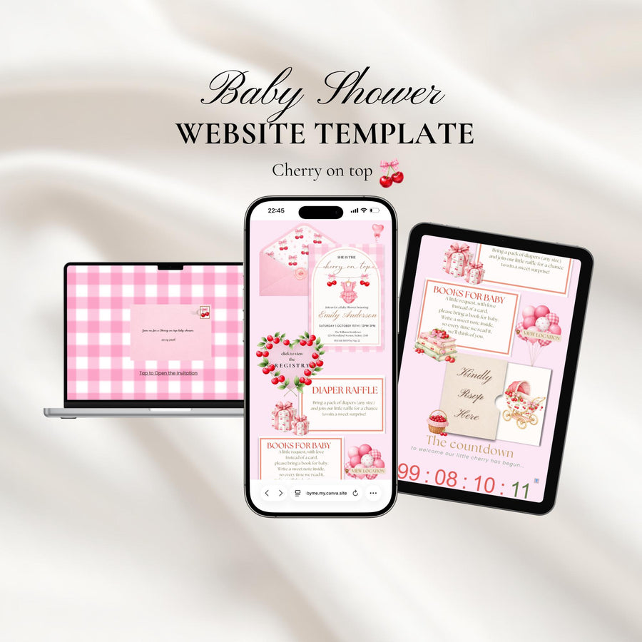 Cherry On Top Baby Shower Invitation Website with RSVP | Editable Canva Template, Baby Girl Invite, RSVP Included