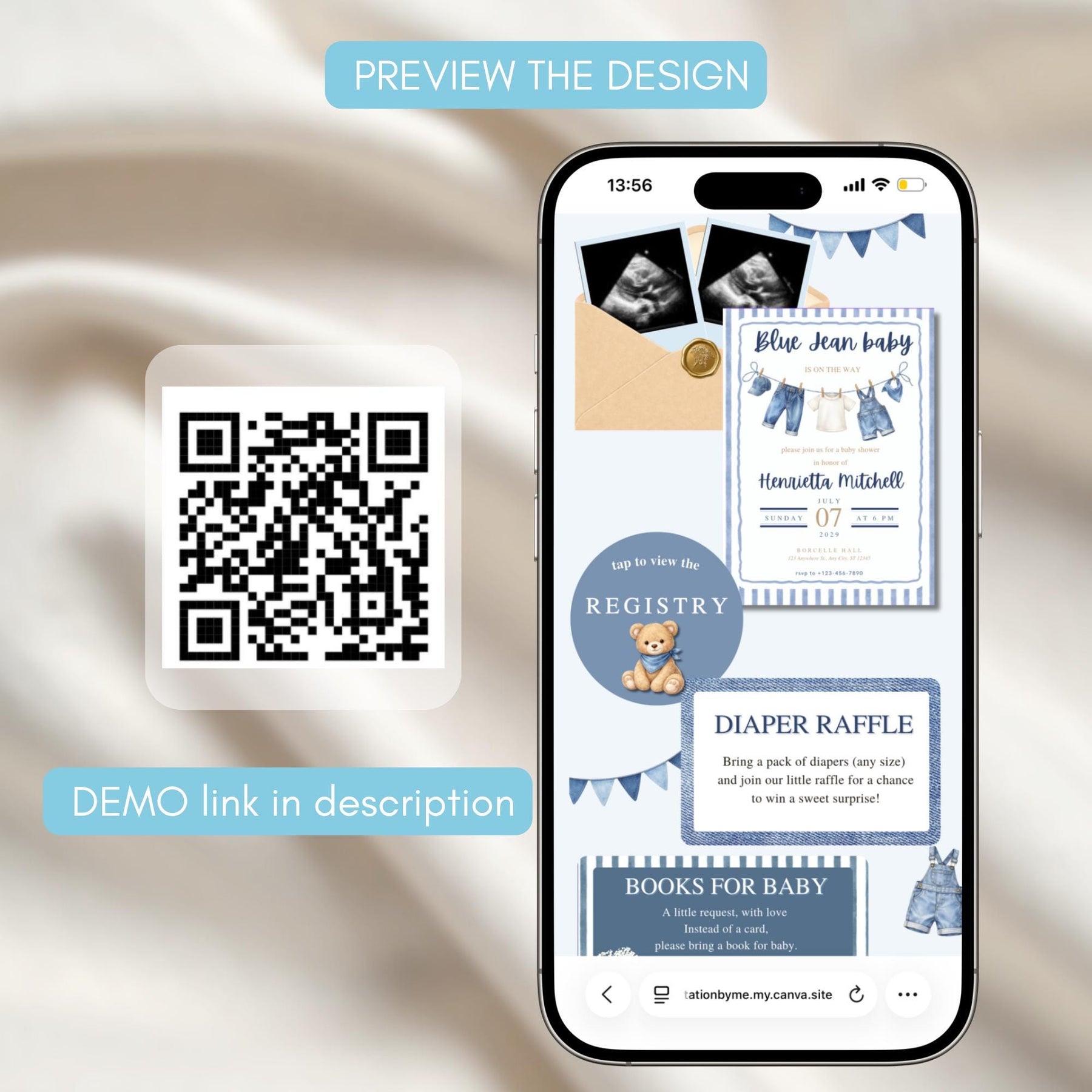 Blue Jean Baby Shower Invitation Website Template with RSVP | Editable Canva Invite, Denim Baby Shower, Digital Invite, Mobile Friendly