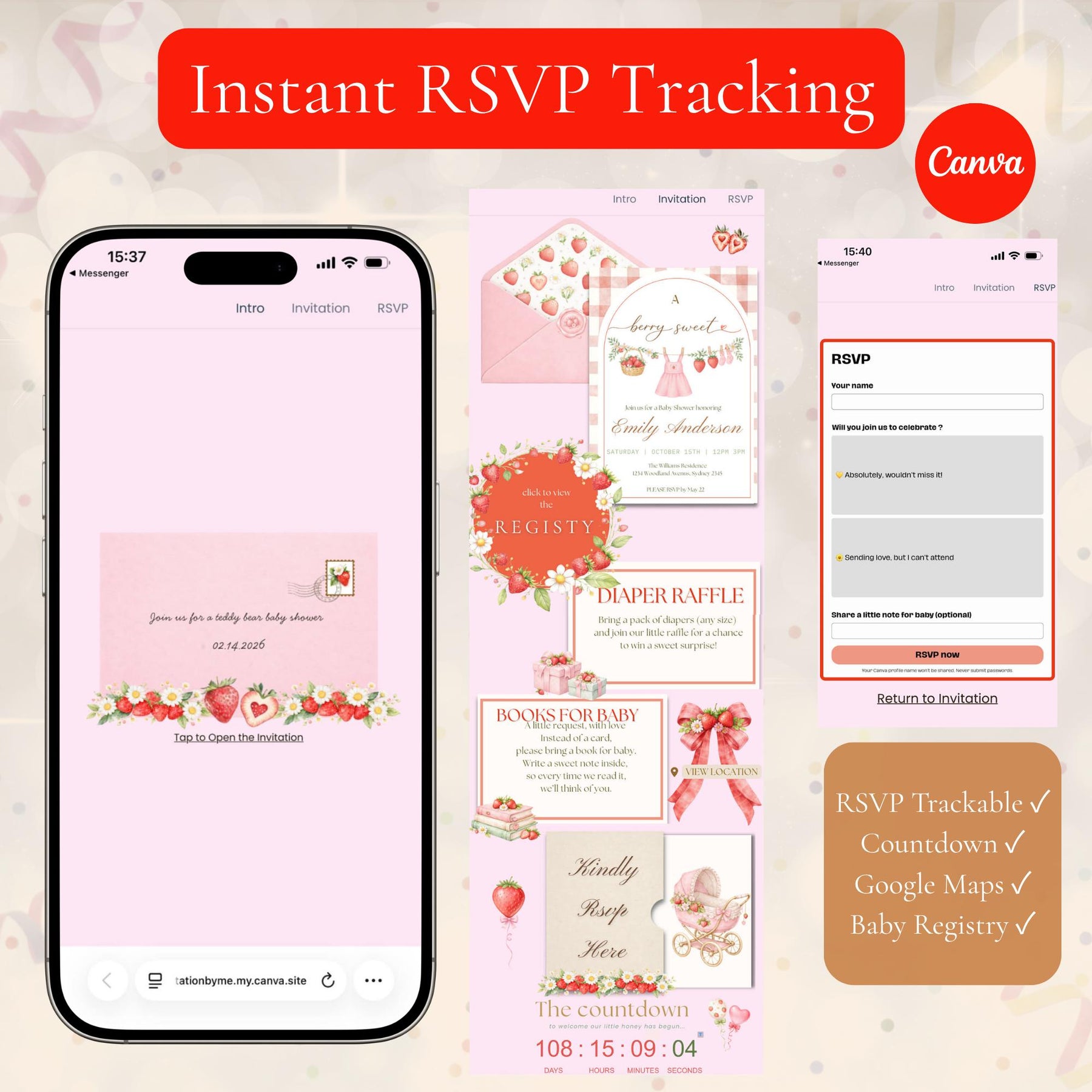 Berry Sweet Baby Shower Invitation Website Template | Editable Canva Invite with RSVP