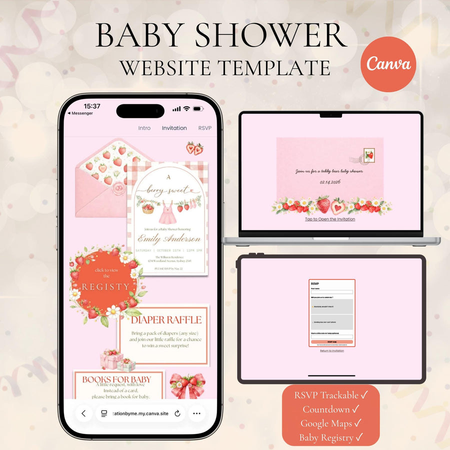 Berry Sweet Baby Shower Invitation Website Template | Editable Canva Invite with RSVP