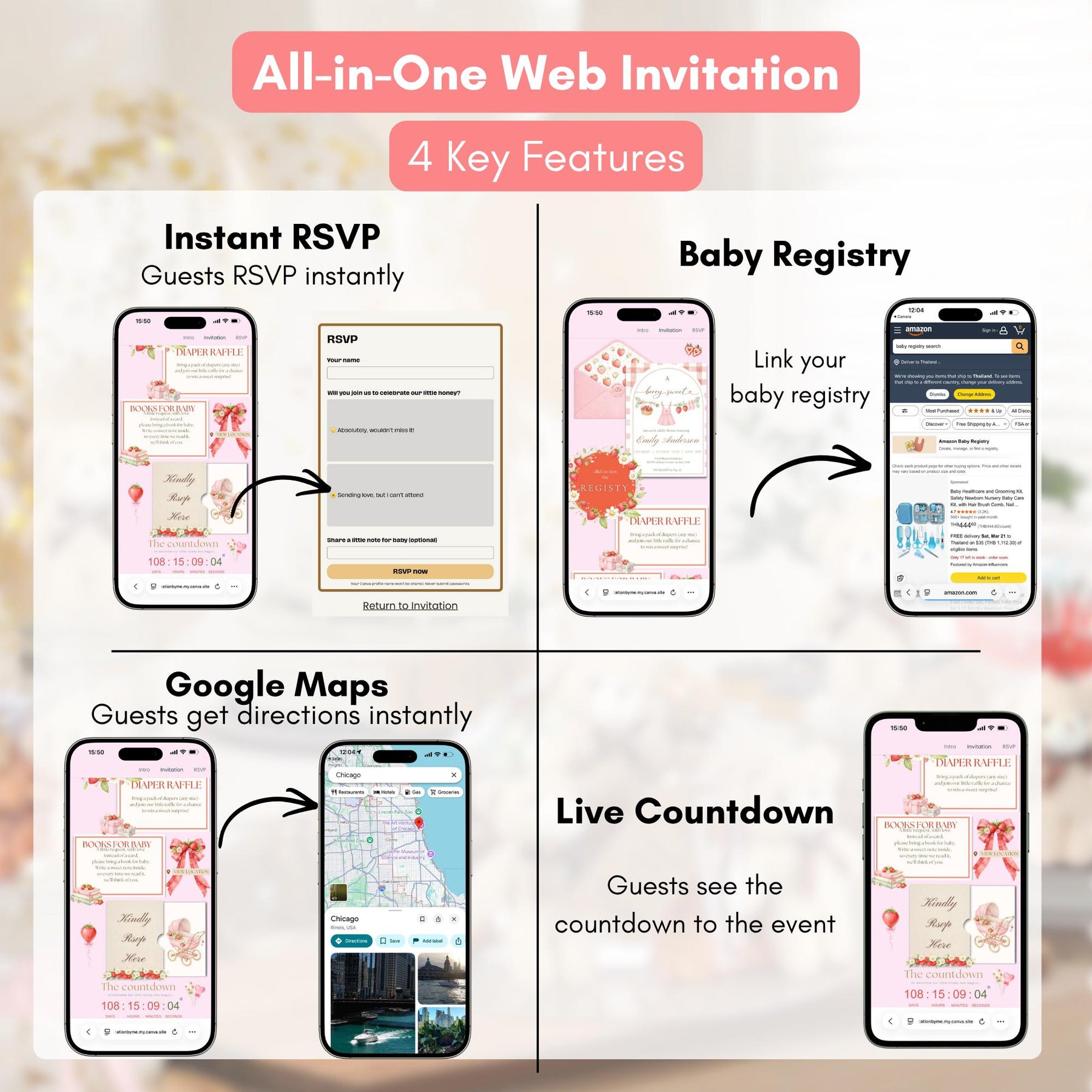 Berry Sweet Baby Shower Invitation Website Template | Editable Canva Invite with RSVP