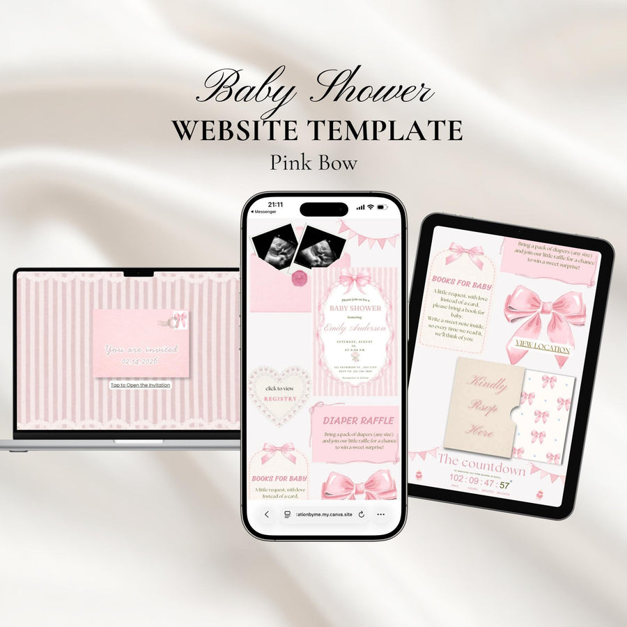 Pink Bow Baby Shower Invitation Website with RSVP | Editable Canva Template, Baby Girl Invite, RSVP Included