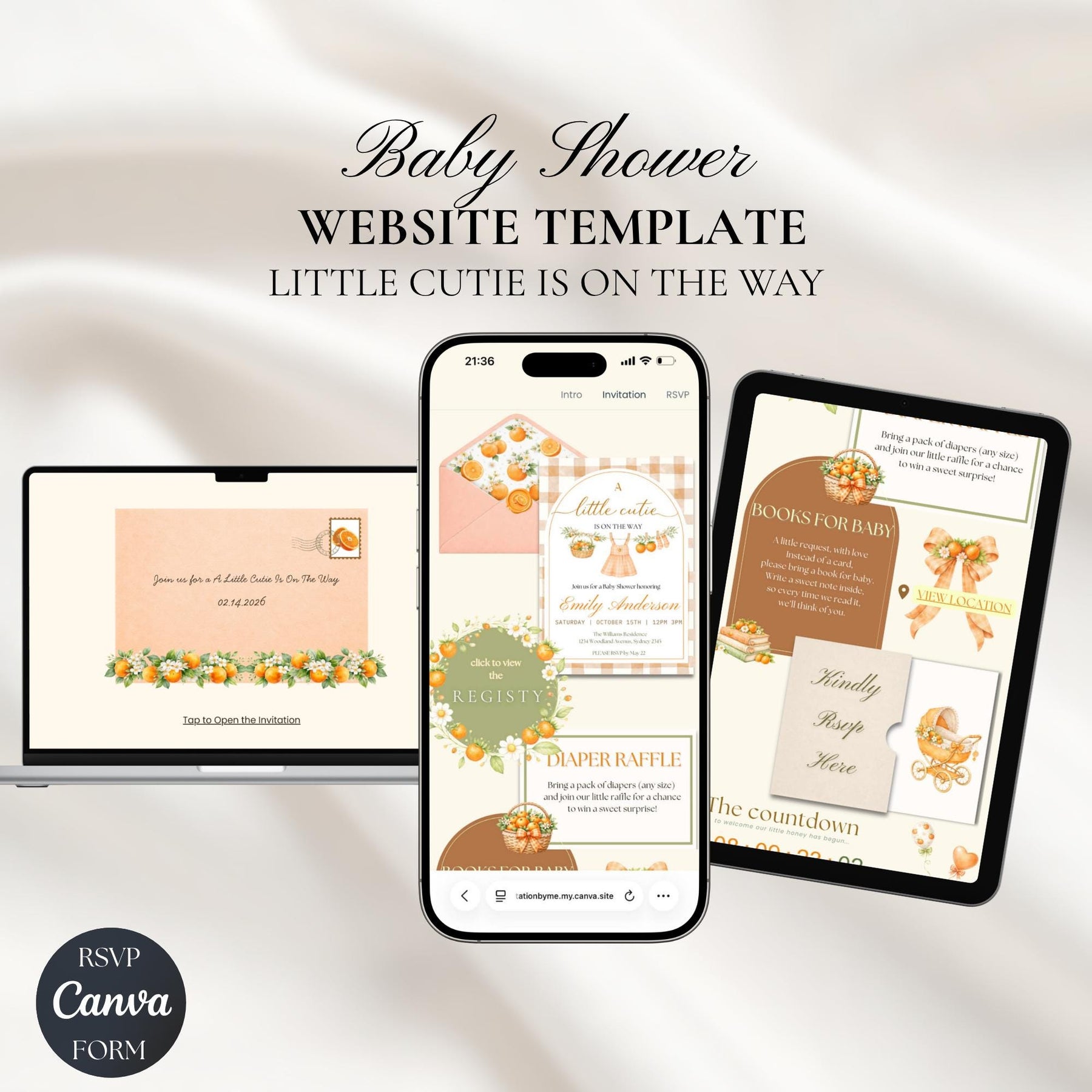 A Little Cutie Is On The Way Baby Shower Invitation Website Template | Editable Canva Invite with RSVP