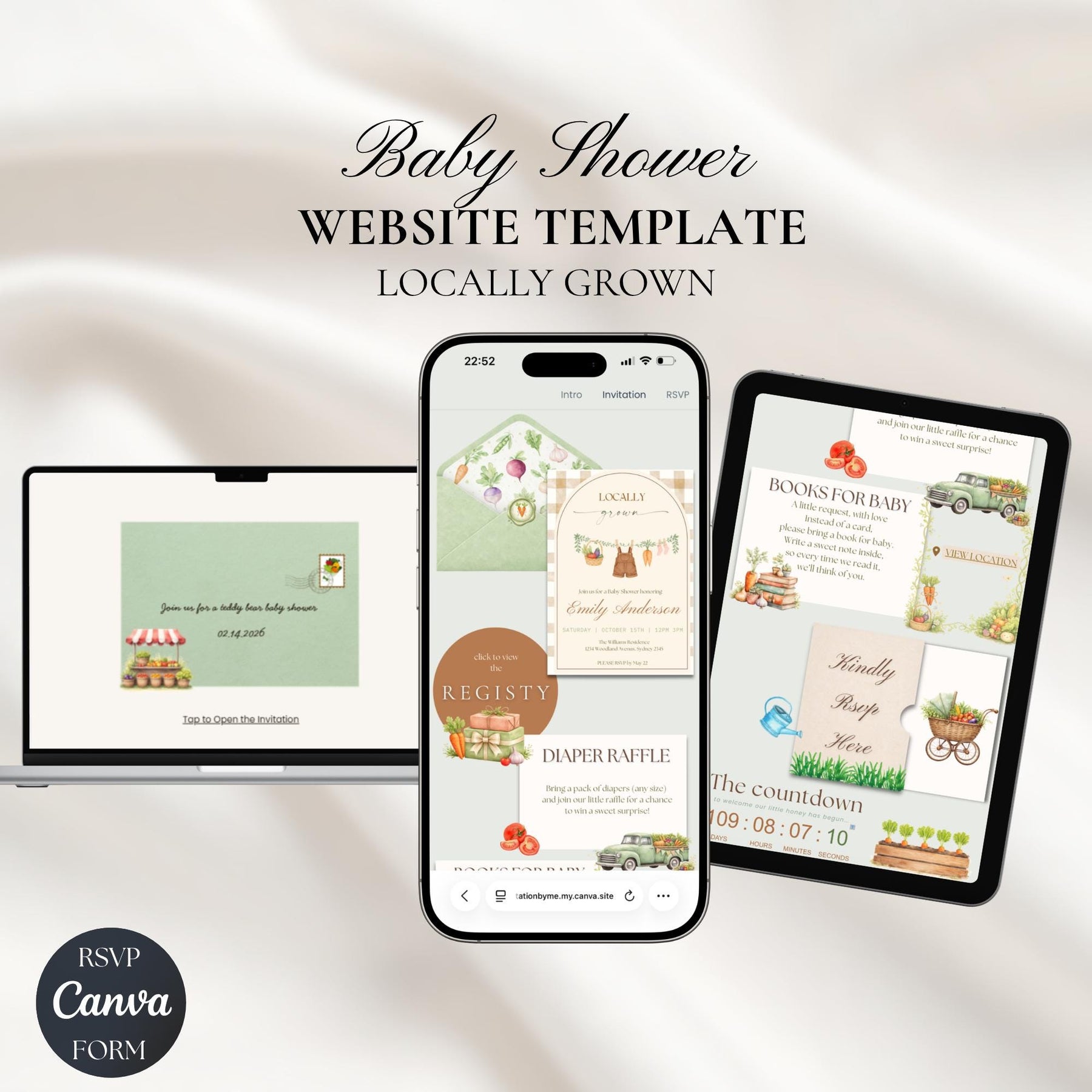 Locally Grown Baby Shower Invitation Website Template | Editable Canva Invite with RSVP
