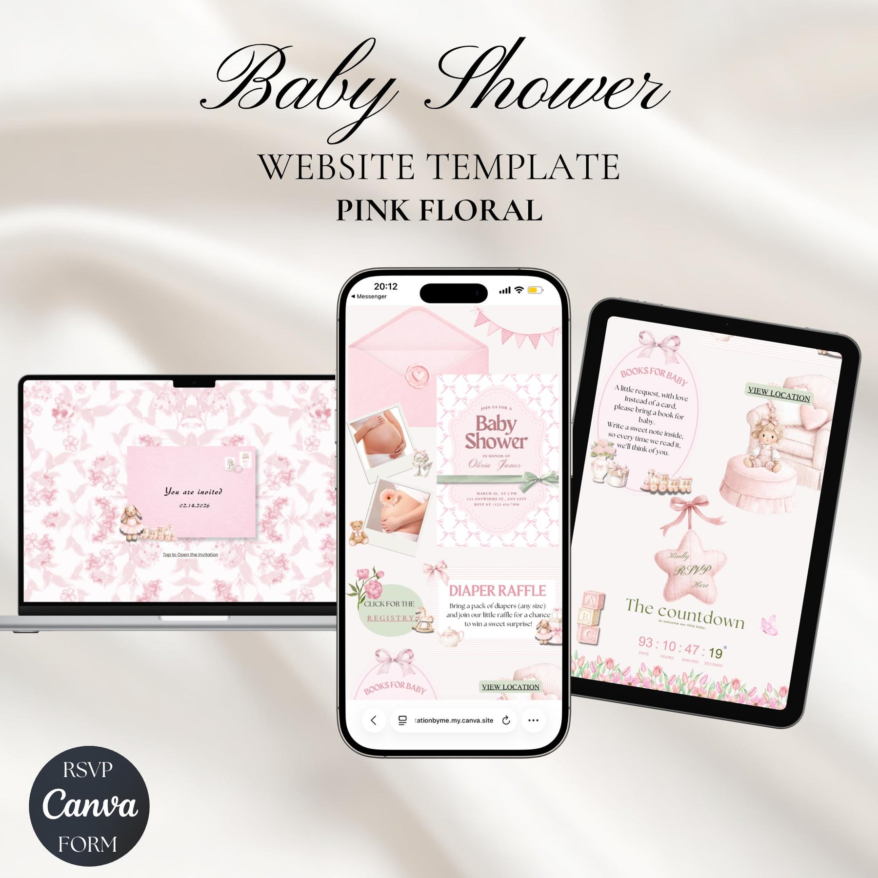 Baby In Bloom Baby Shower Website Invitation with RSVP | Editable Canva Template, Pink Floral Wildflower, Butterfly Girl Invite