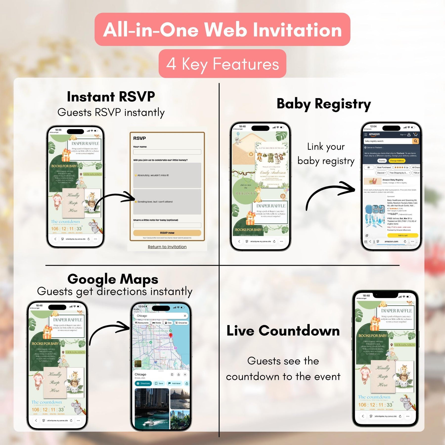 A Little Wild One Baby Shower Website Invitation with RSVP | Safari Baby Shower, Jungle Animals Canva Template