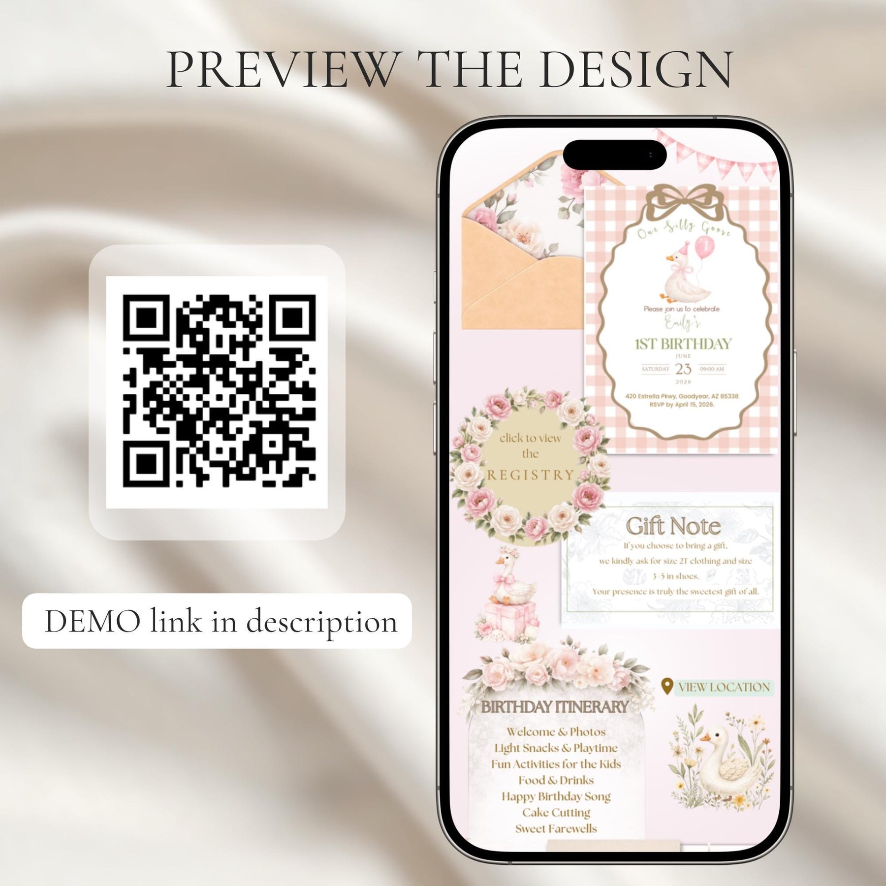 One Silly Goose First Birthday Website Invitation with RSVP | Pink Gingham Canva Template, Editable Party Invite