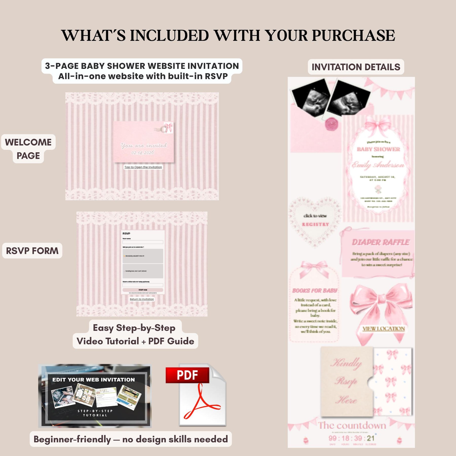 Pink Bow Baby Shower Invitation Website with RSVP | Editable Canva Template, Baby Girl Invite, RSVP Included