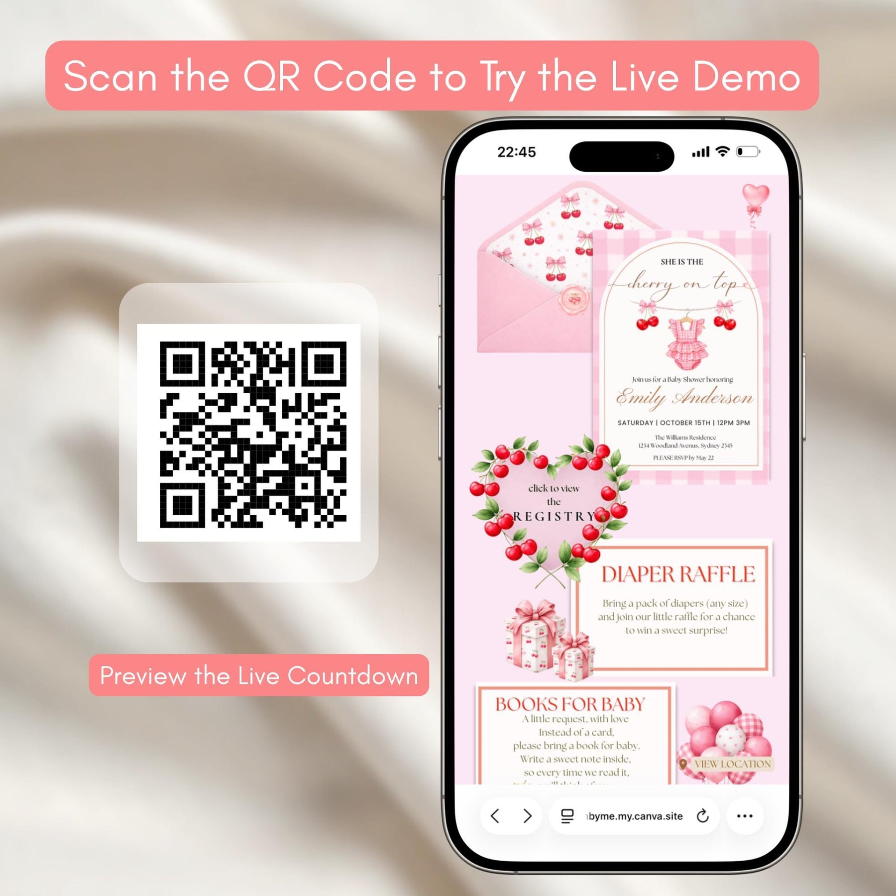 Cherry On Top Baby Shower Invitation Website with RSVP | Editable Canva Template, Baby Girl Invite, RSVP Included