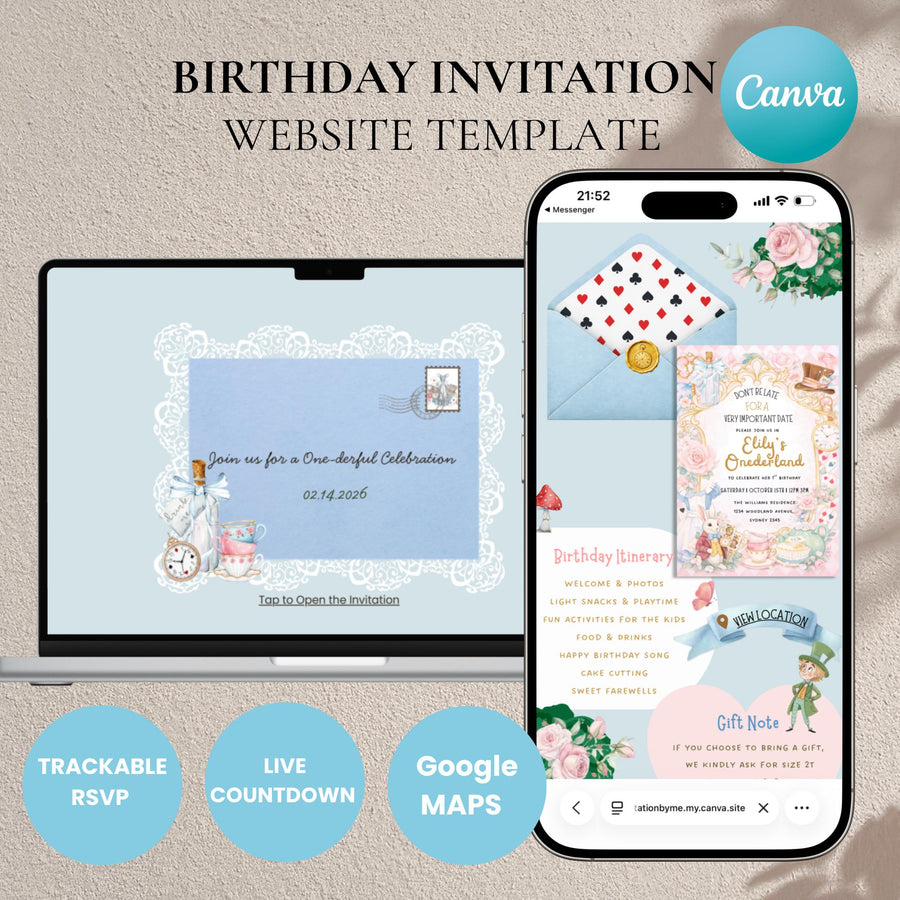 Alice in Wonderland Birthday Invitation Template, Editable Website Template