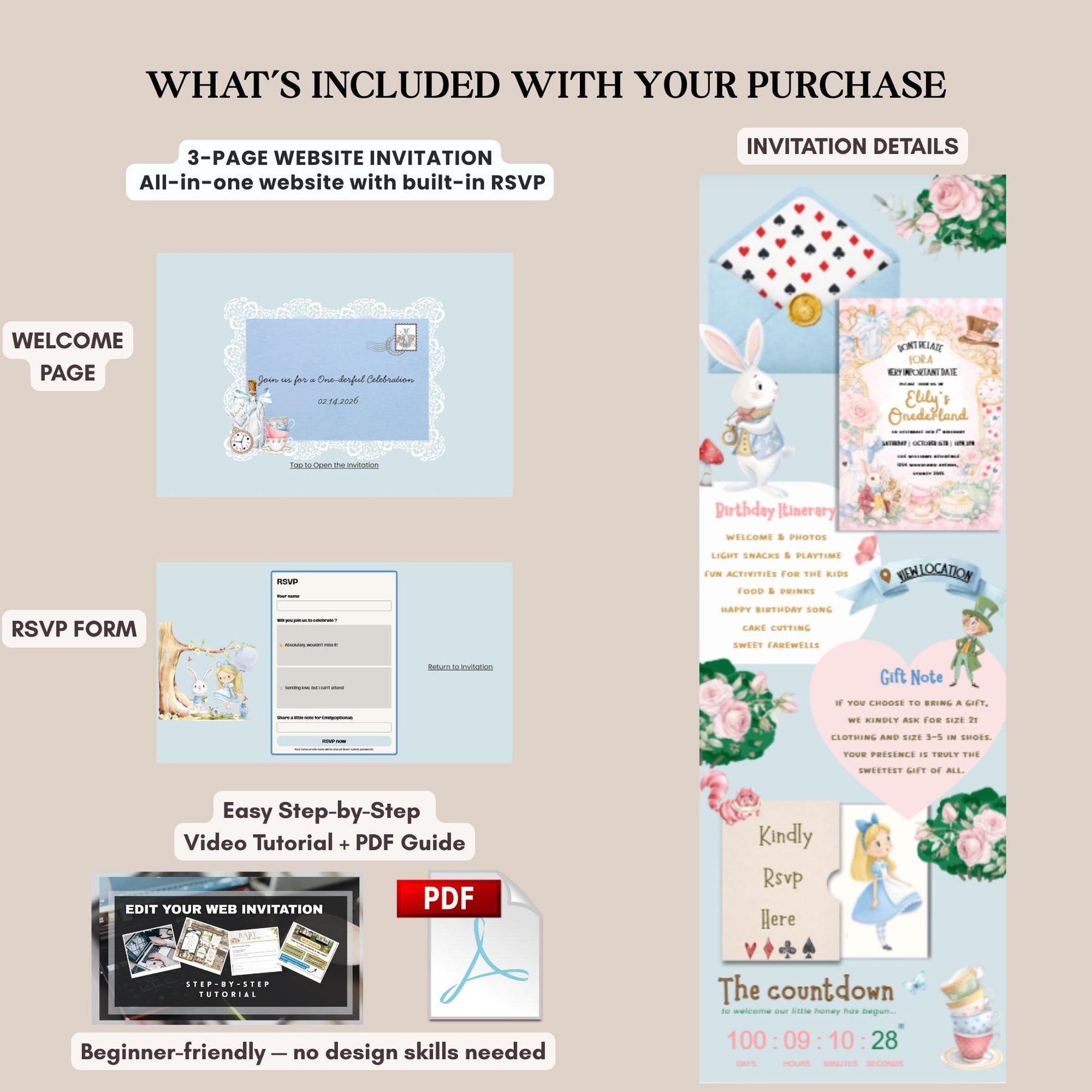 Alice in Wonderland Birthday Invitation Template, Editable Website Template