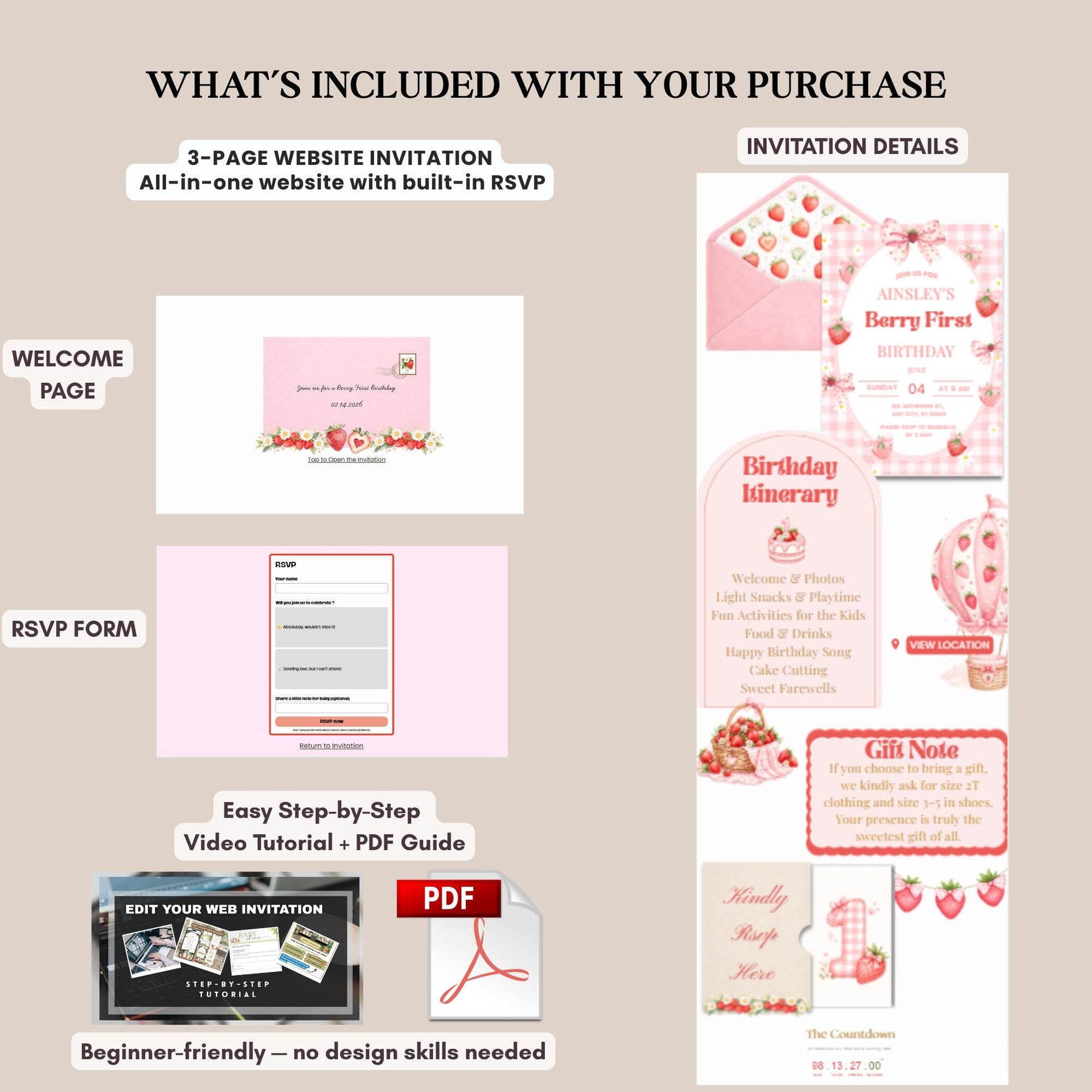 Berry First Birthday Invitation Website Template with RSVP | Editable Canva Invite, 1st Birthday Party, Digital Invitation