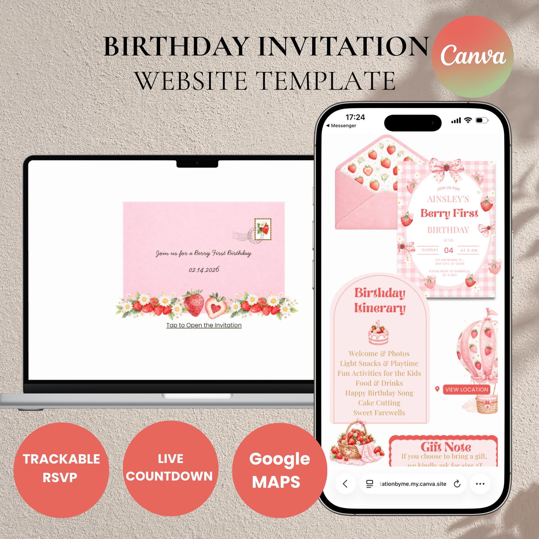 Berry First Birthday Invitation Website Template with RSVP | Editable Canva Invite, 1st Birthday Party, Digital Invitation
