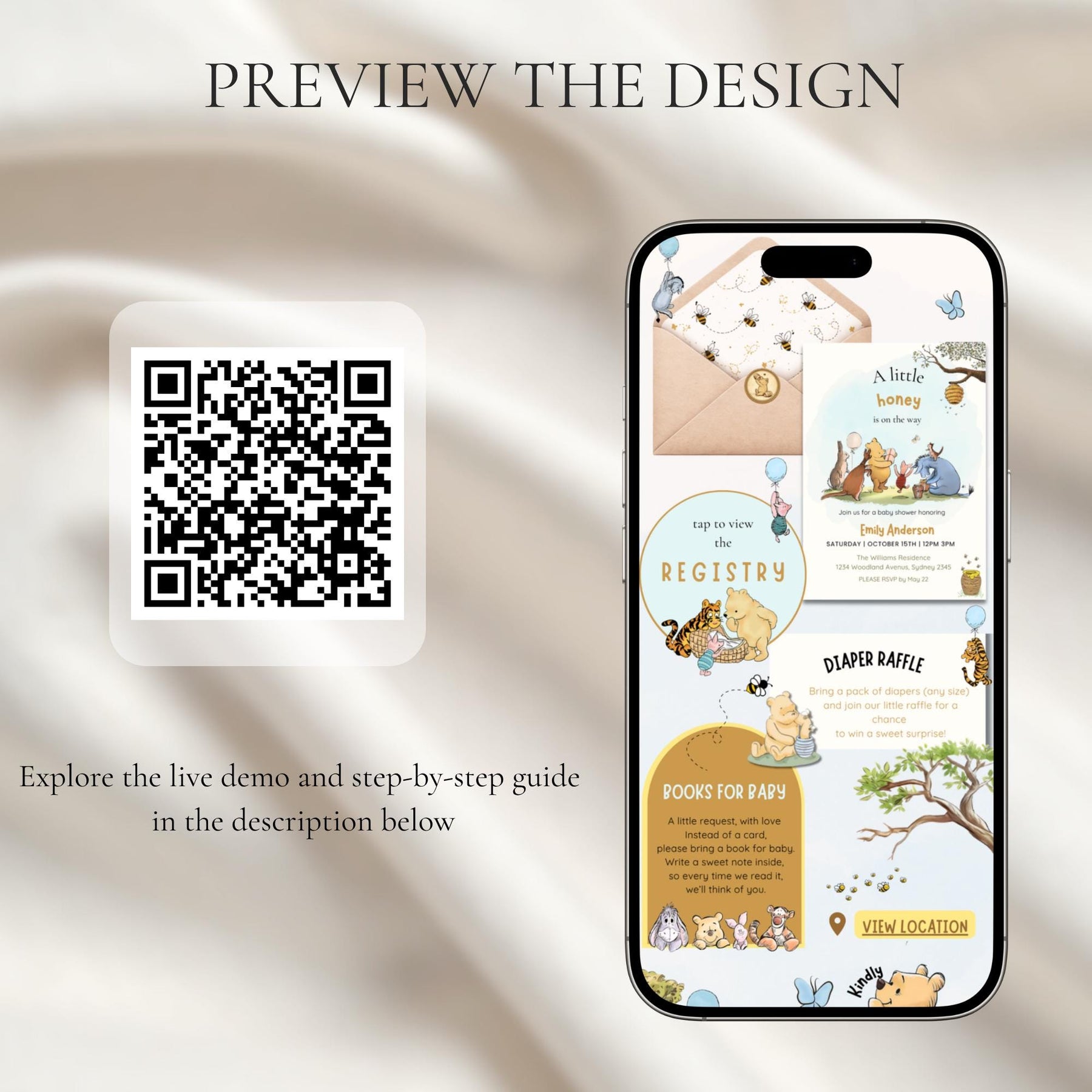 Winnie the Pooh Baby Shower Invitation Website with RSVP | Little Honey Is On The Way, Editable Canva Invite