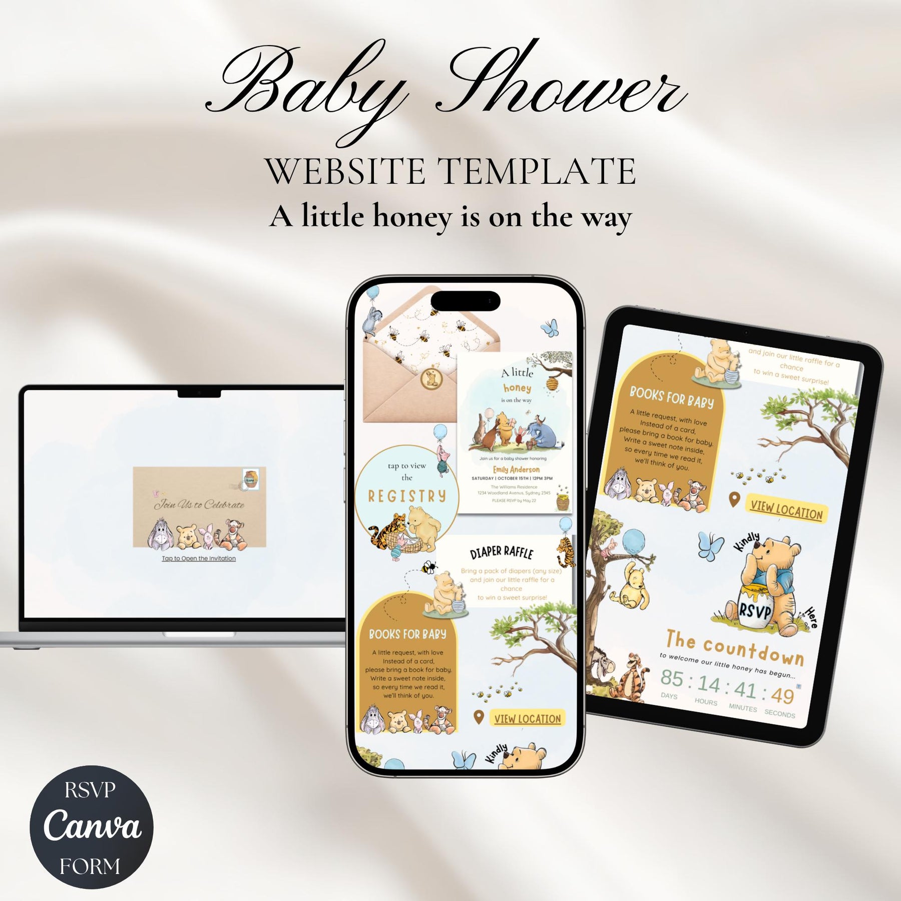 Winnie the Pooh Baby Shower Invitation Website with RSVP | Little Honey Is On The Way, Editable Canva Invite