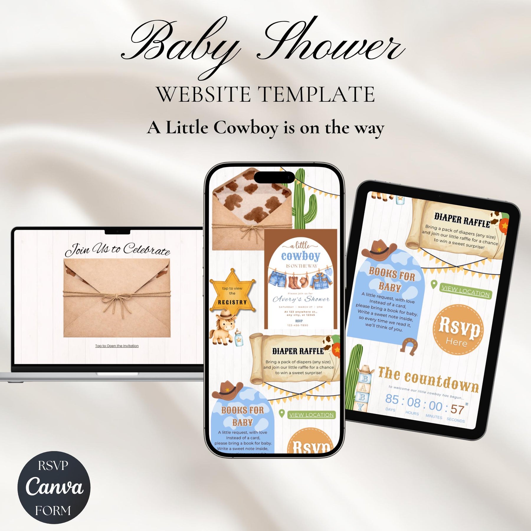 Cowboy Baby Shower Invitation Website with RSVP | Editable Canva Template, Little Cowboy Rodeo Theme, Digital Invite
