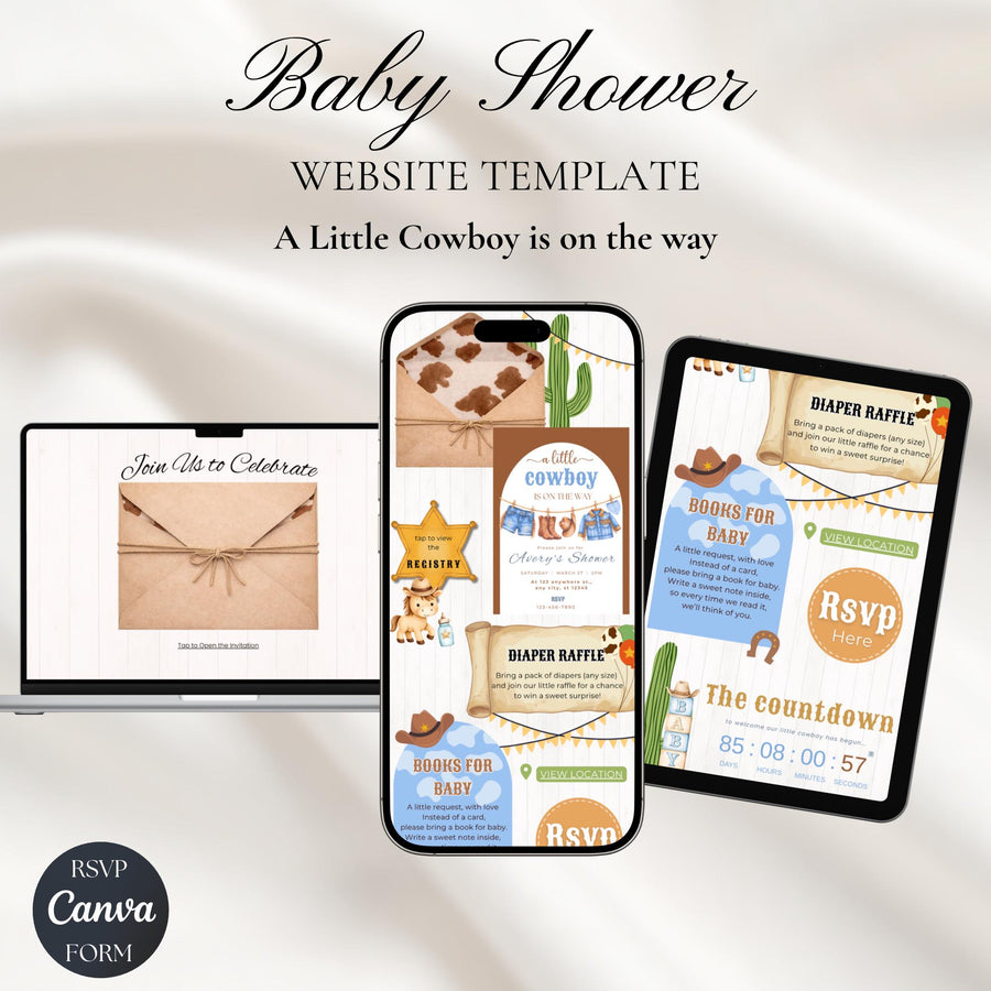 Cowboy Baby Shower Invitation Website with RSVP | Editable Canva Template, Little Cowboy Rodeo Theme, Digital Invite