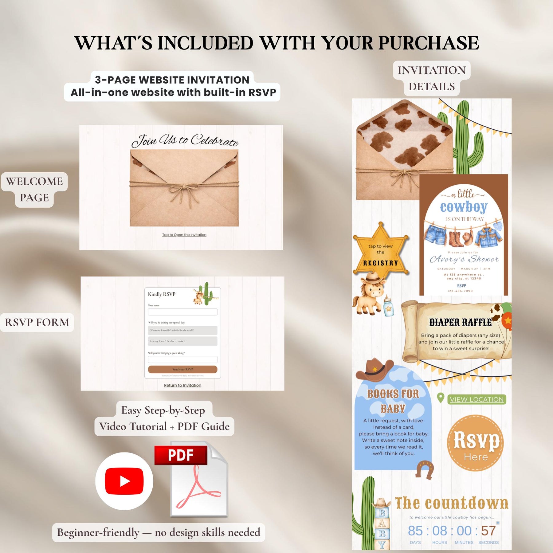 Cowboy Baby Shower Invitation Website with RSVP | Editable Canva Template, Little Cowboy Rodeo Theme, Digital Invite