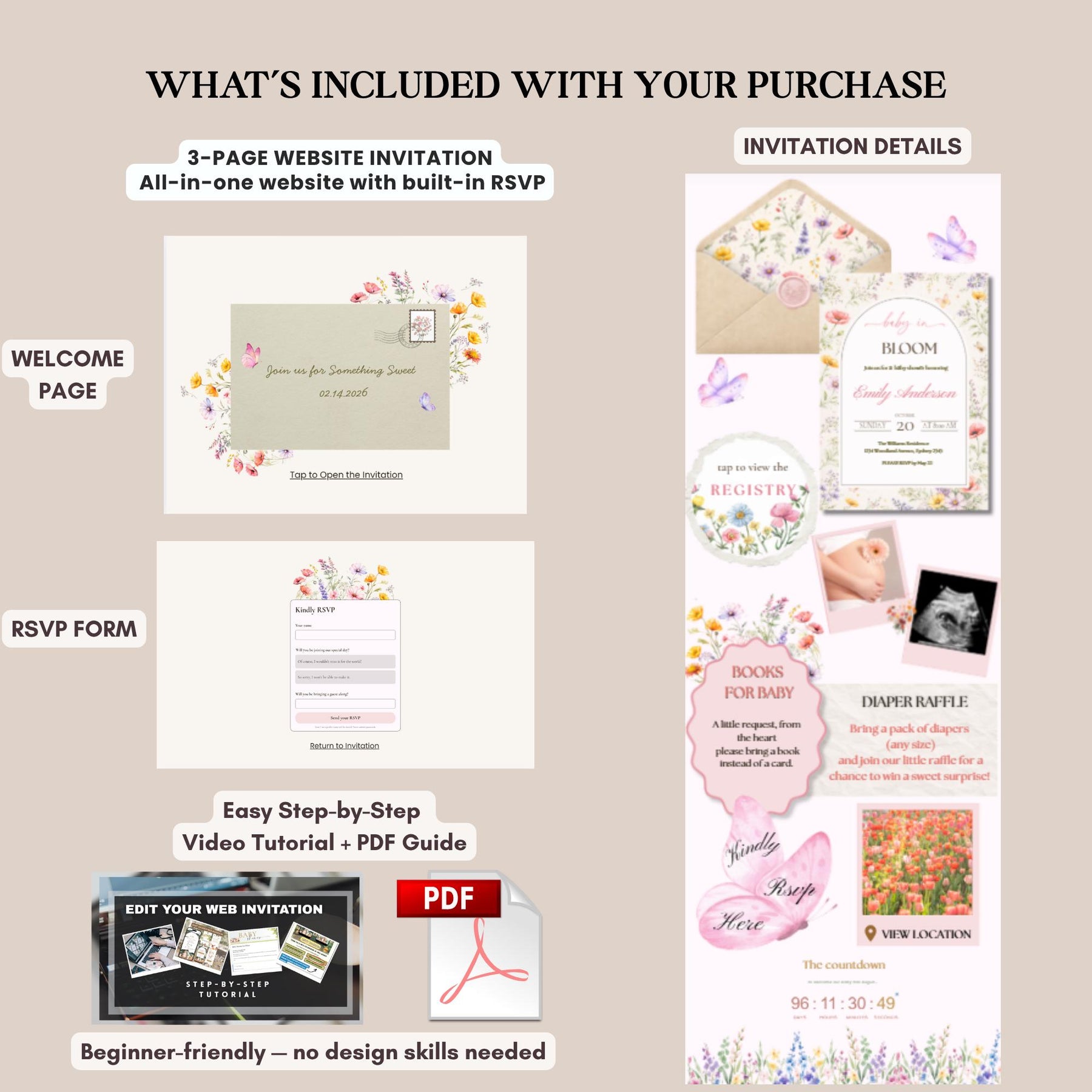 Baby In Bloom Baby Shower Website Invitation with RSVP | Editable Canva Template, Spring Floral Wildflower, Butterfly Girl Invite