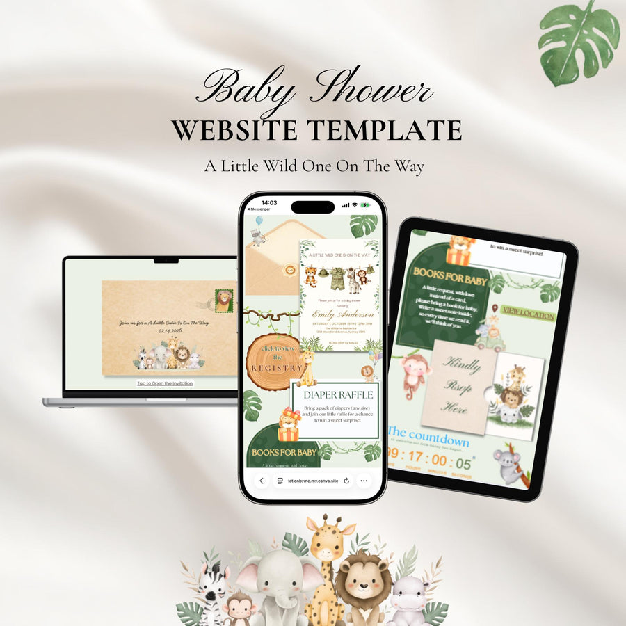 A Little Wild One Baby Shower Website Invitation with RSVP | Safari Baby Shower, Jungle Animals Canva Template