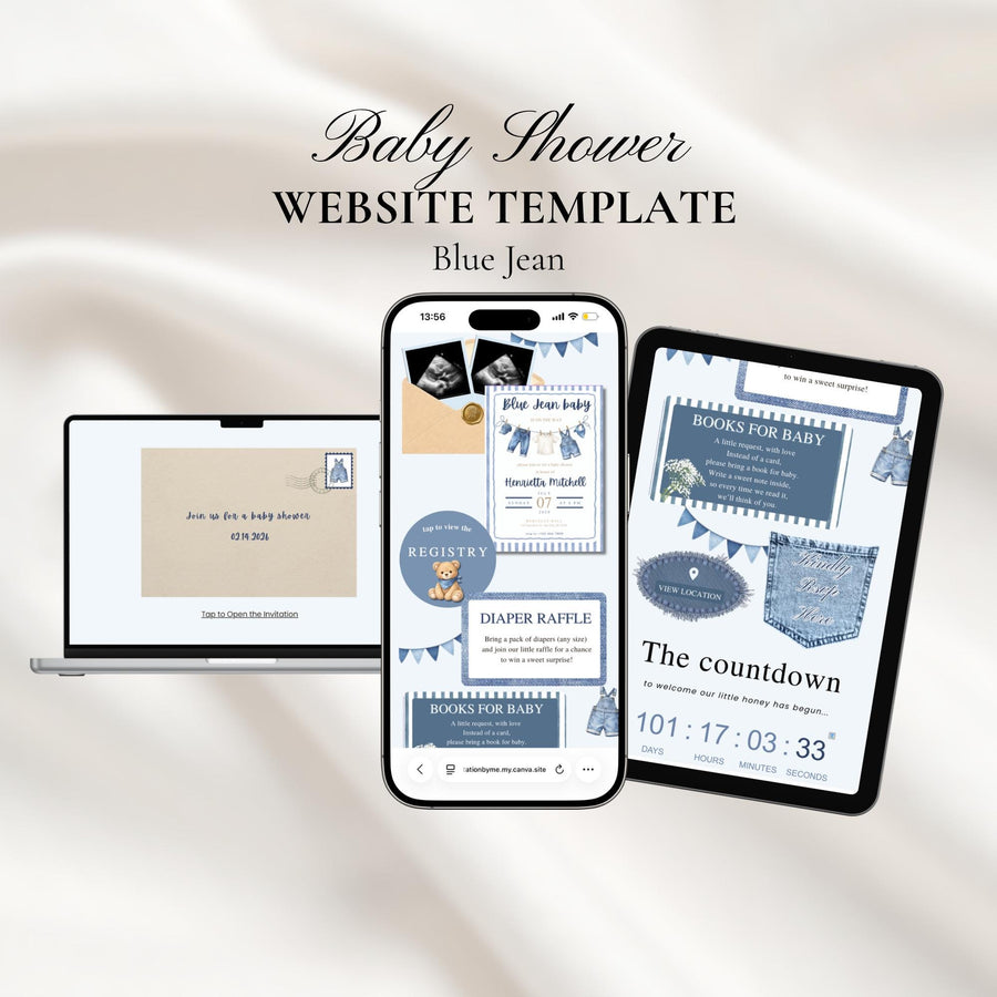 Blue Jean Baby Shower Invitation Website Template with RSVP | Editable Canva Invite, Denim Baby Shower, Digital Invite, Mobile Friendly