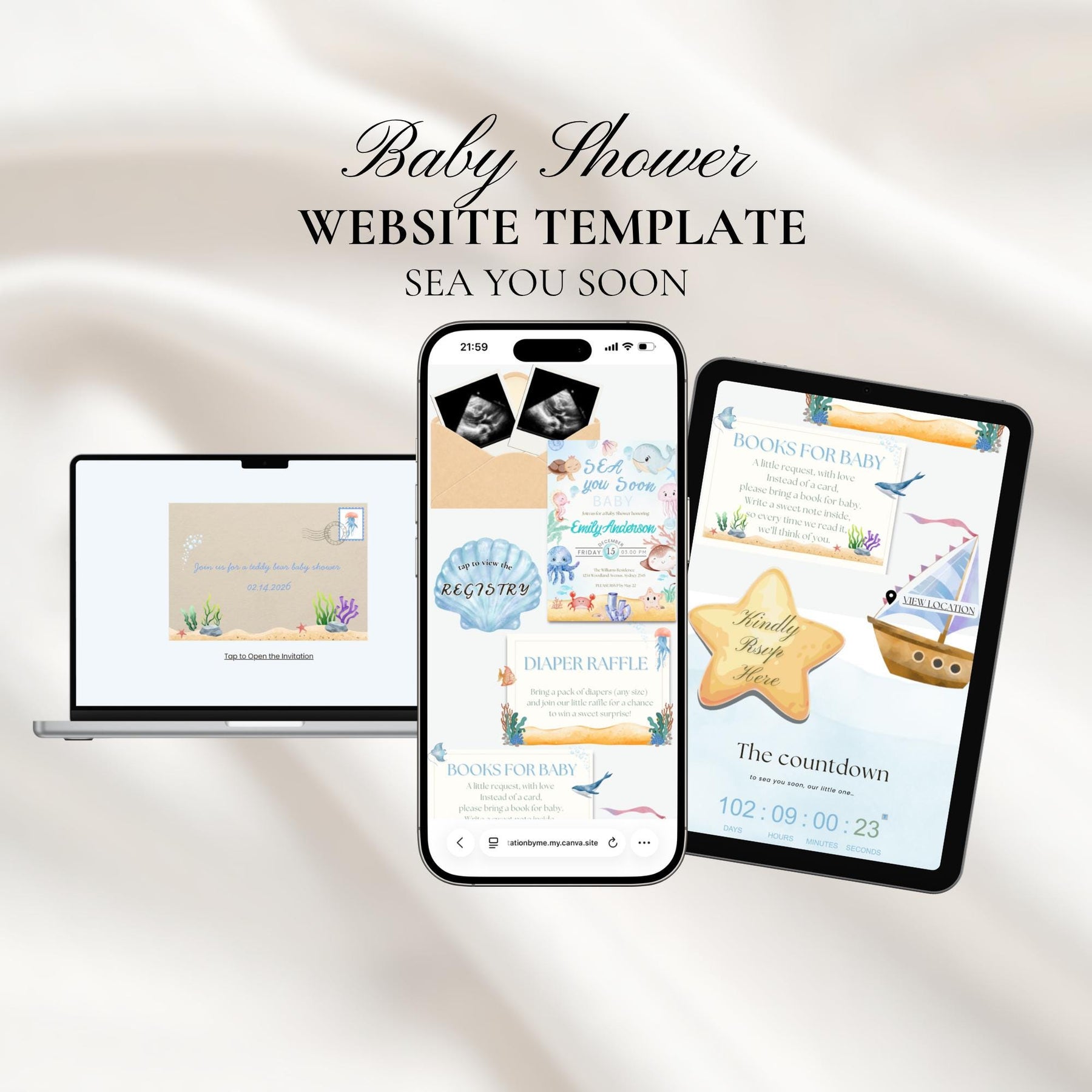 Sea You Soon Baby Shower Invitation Website with RSVP | Editable Canva Template, Baby Shower Invite, RSVP Included, Digital Invite