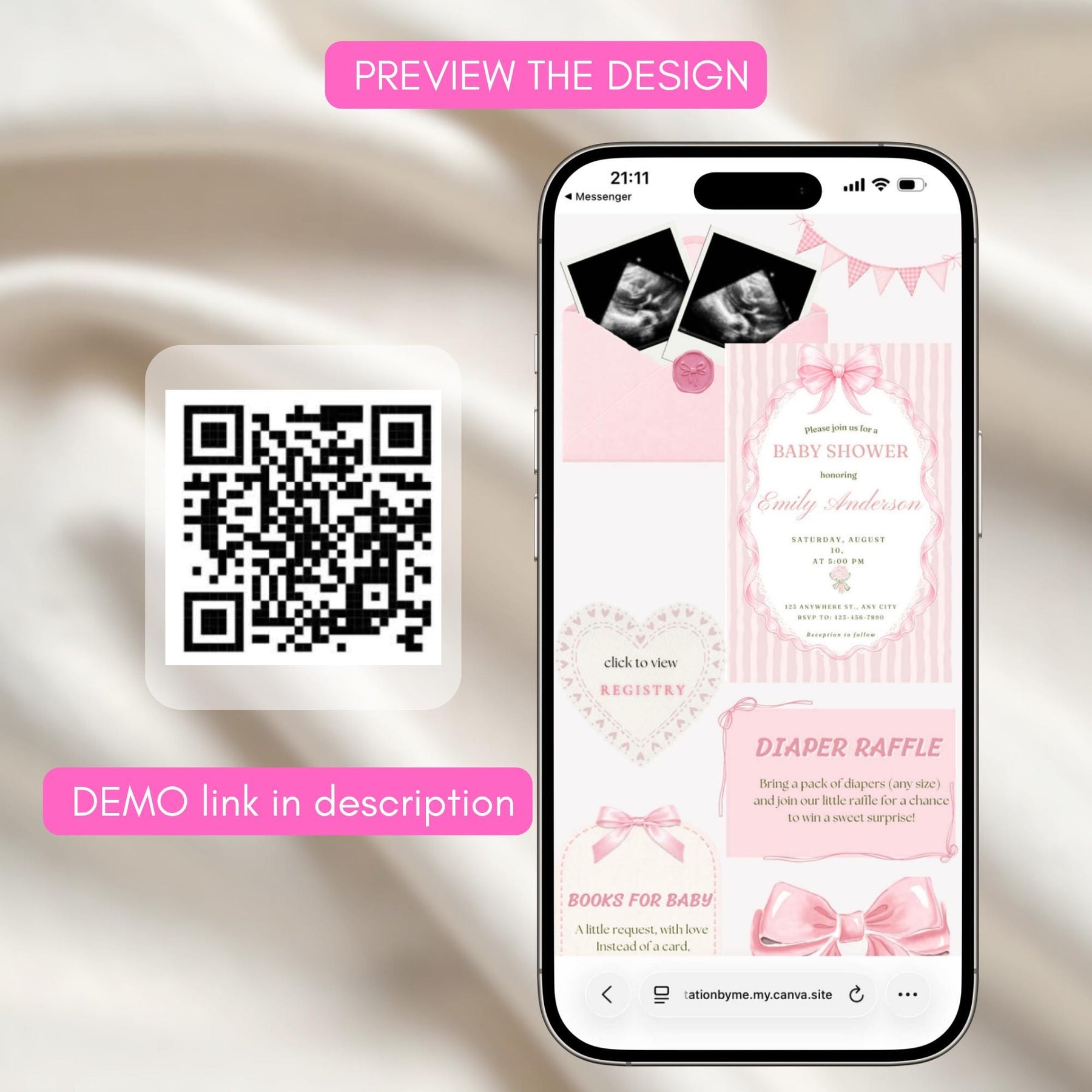 Pink Bow Baby Shower Invitation Website with RSVP | Editable Canva Template, Baby Girl Invite, RSVP Included