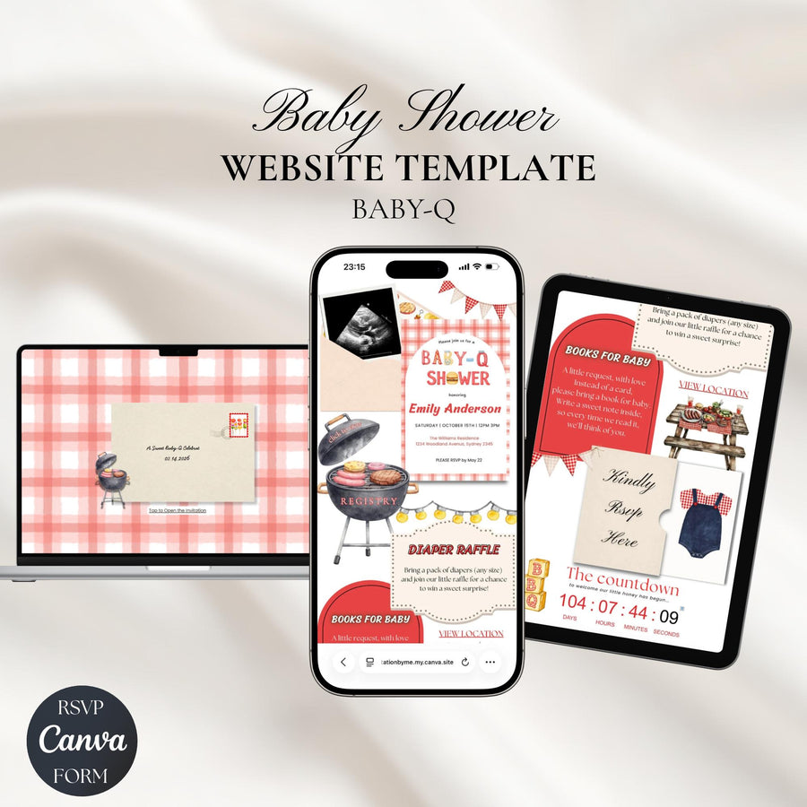Baby-Q Baby Shower Invitation Template, Editable Canva Website with RSVP, BBQ Baby Shower Invite, Backyard Couples Sprinkle