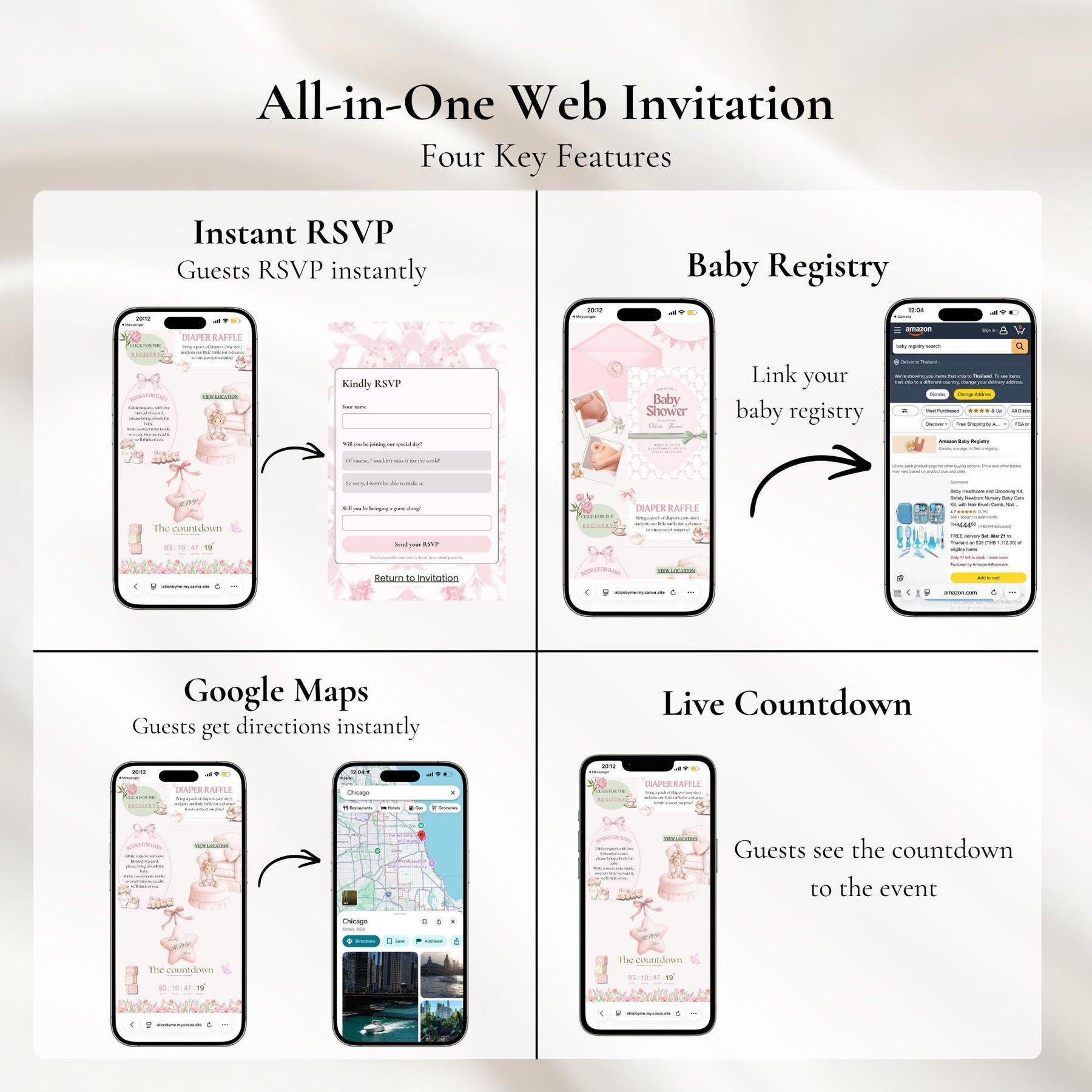 Baby In Bloom Baby Shower Website Invitation with RSVP | Editable Canva Template, Pink Floral Wildflower, Butterfly Girl Invite